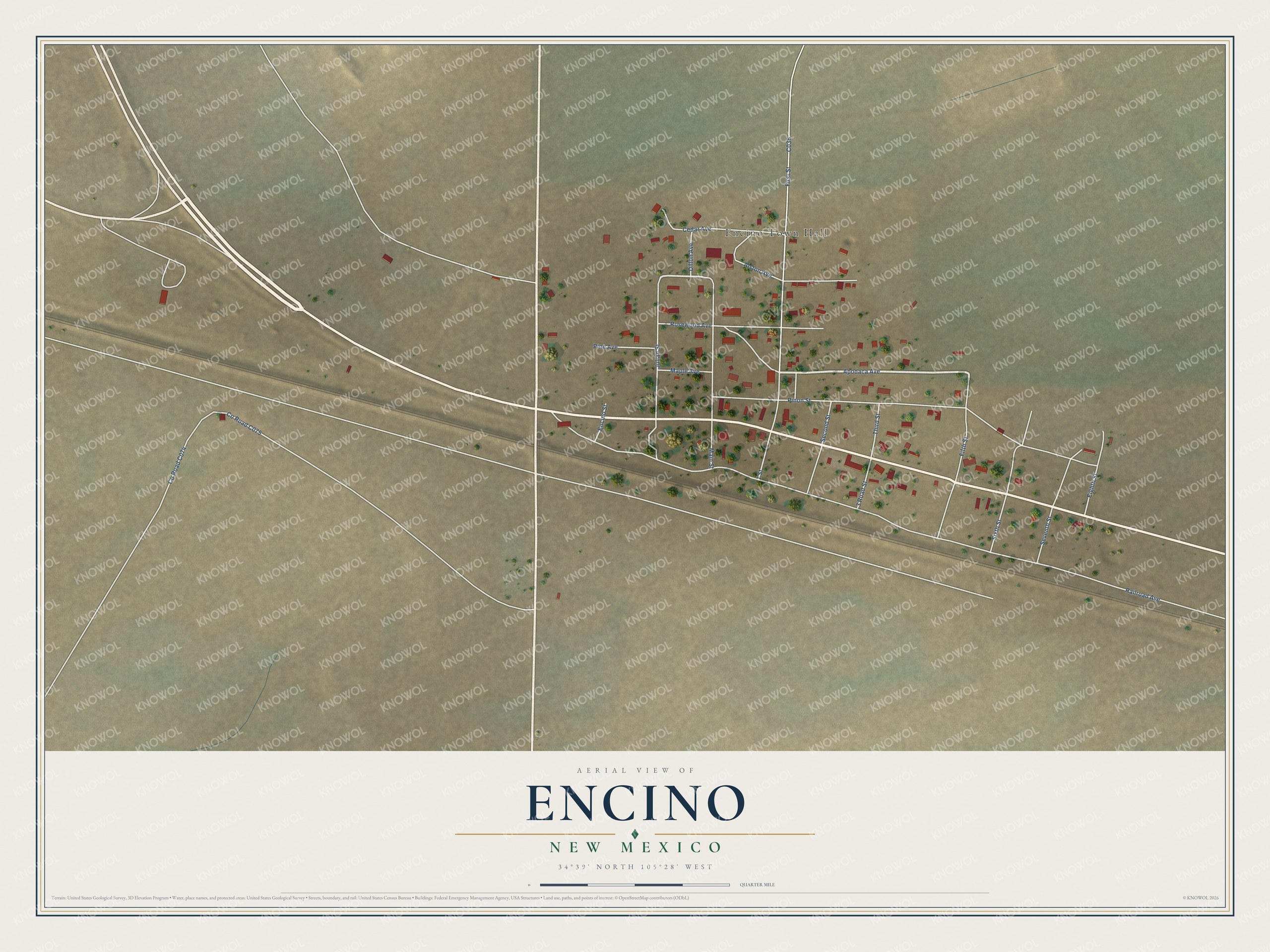 Full map of Encino, New Mexico, with red buildings, printed street names and the land around them