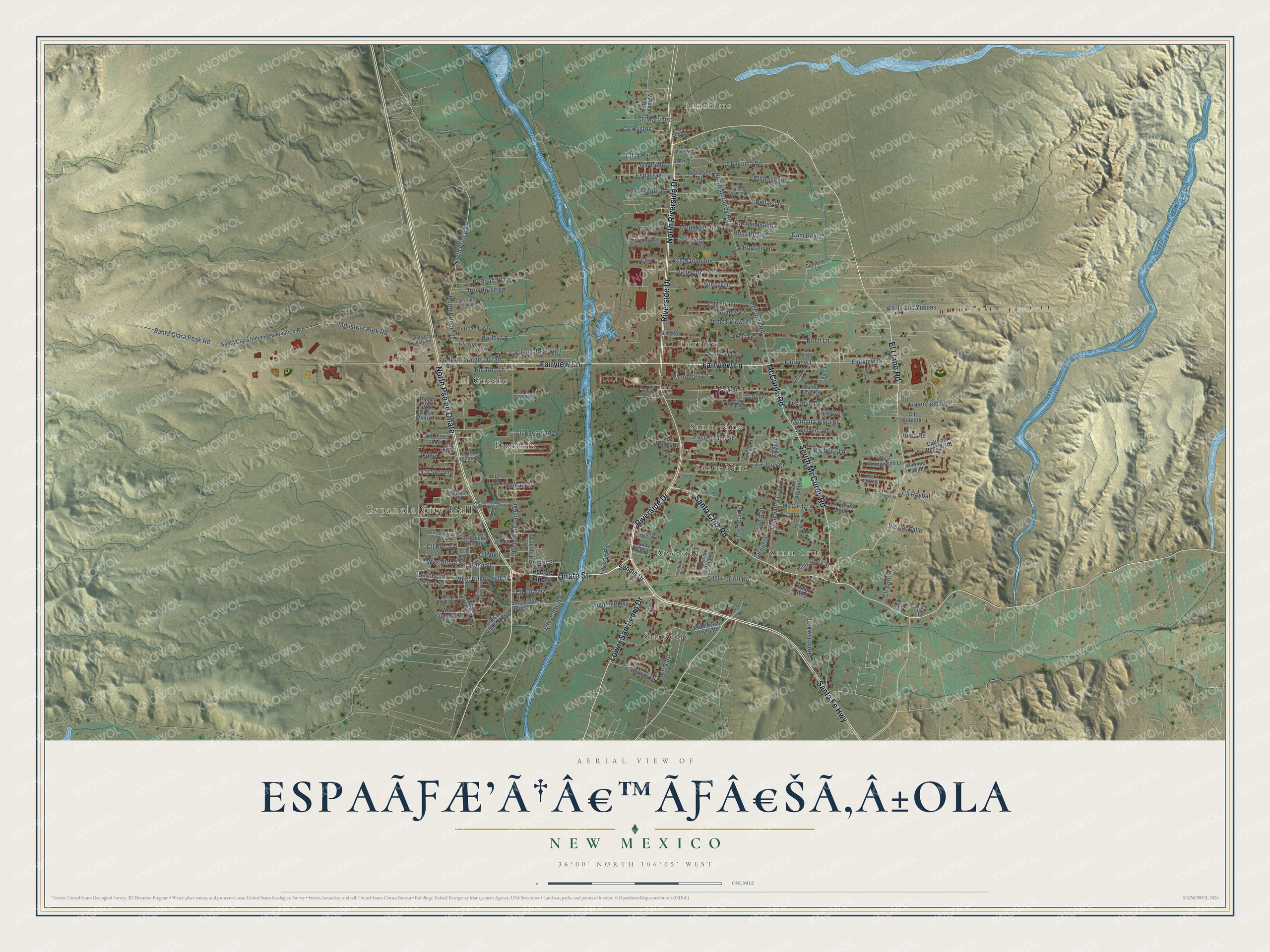 Full map of Española, New Mexico, with red buildings, printed street names and the land around them