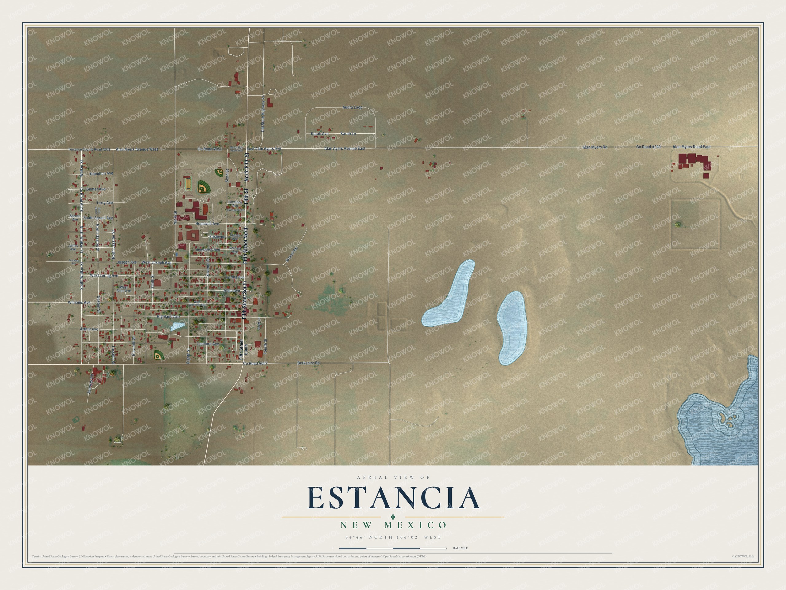 Full map of Estancia, New Mexico, with red buildings, printed street names and the land around them