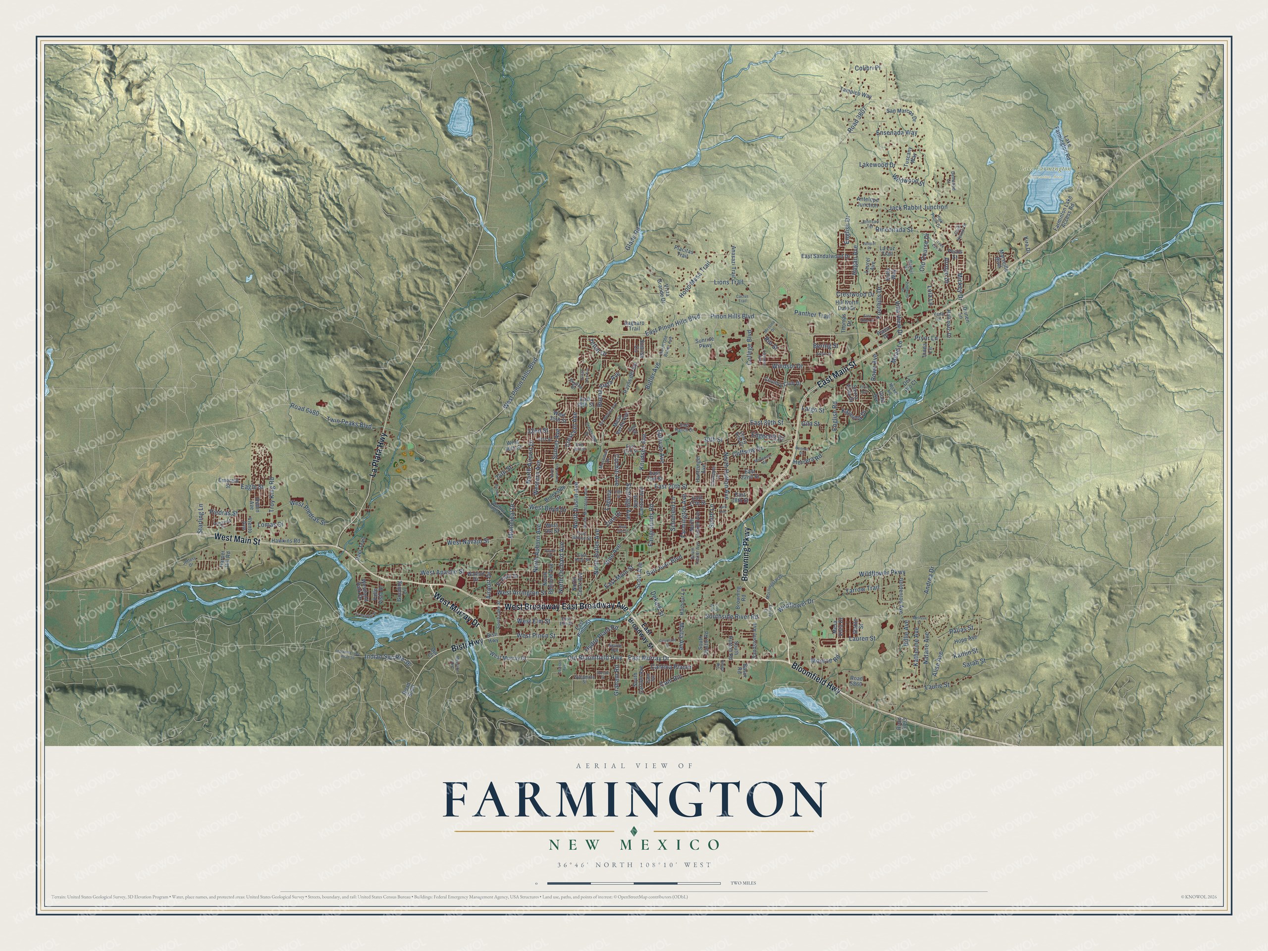 Full map of Farmington, New Mexico, with red buildings, printed street names and the land around them