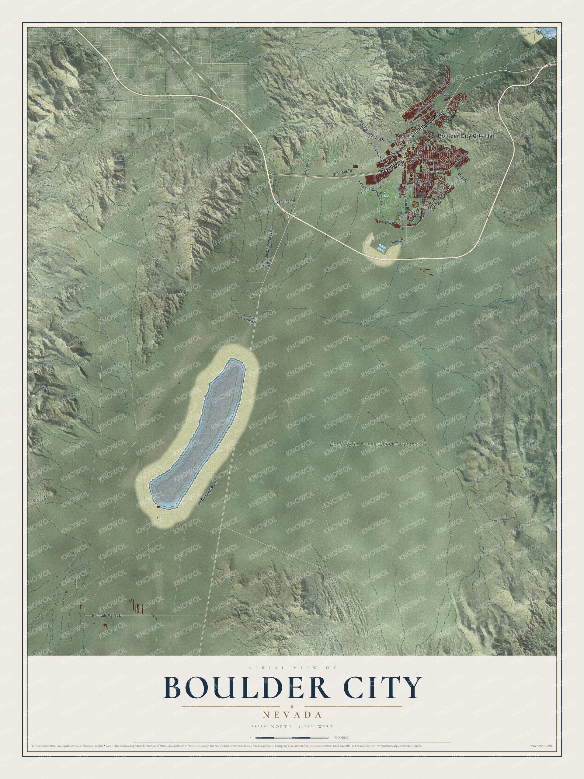 Full map of Boulder City, Nevada, with red buildings, printed street names and the land around them