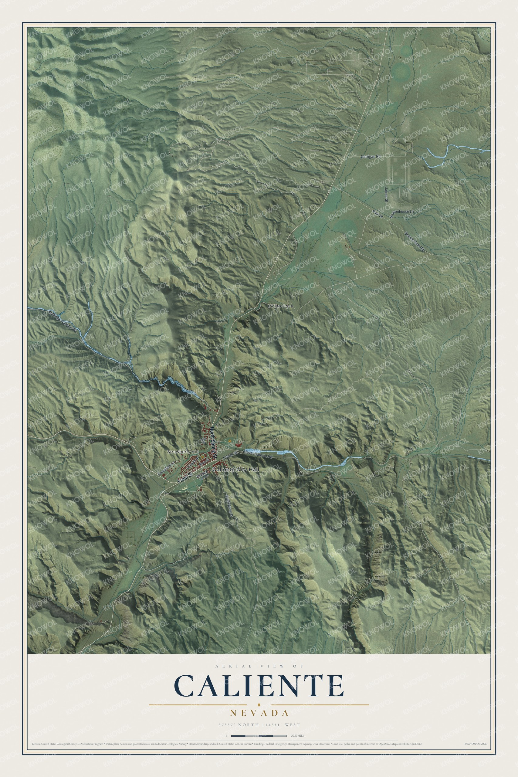 Full map of Caliente, Nevada, with red buildings, printed street names and the land around them