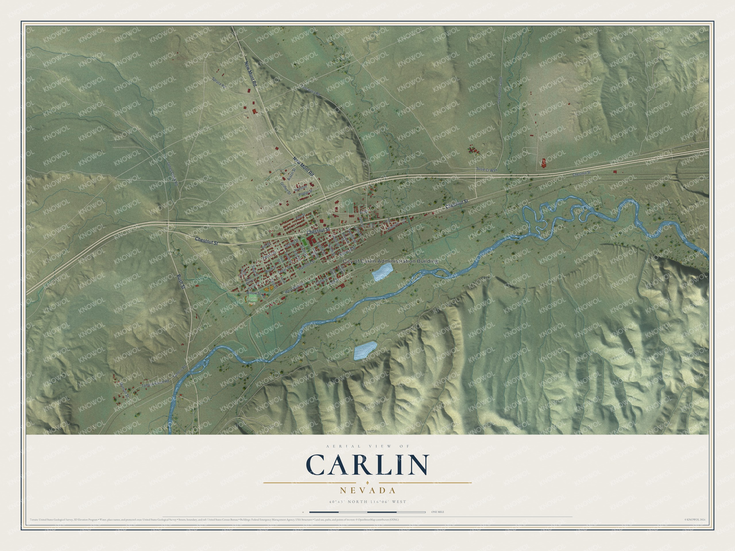 Full map of Carlin, Nevada, with red buildings, printed street names and the land around them