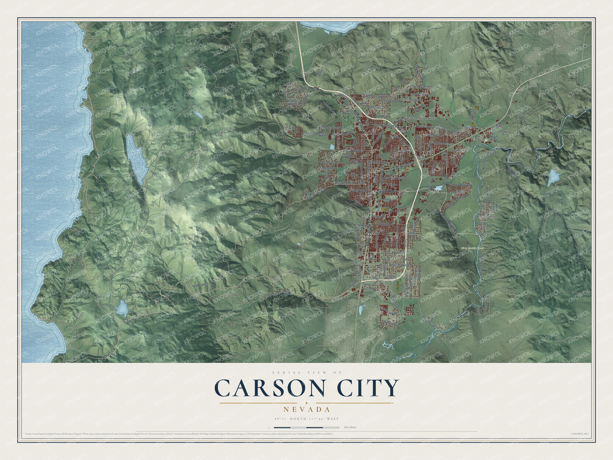Full map of Carson City, Nevada, with red buildings, printed street names and the land around them