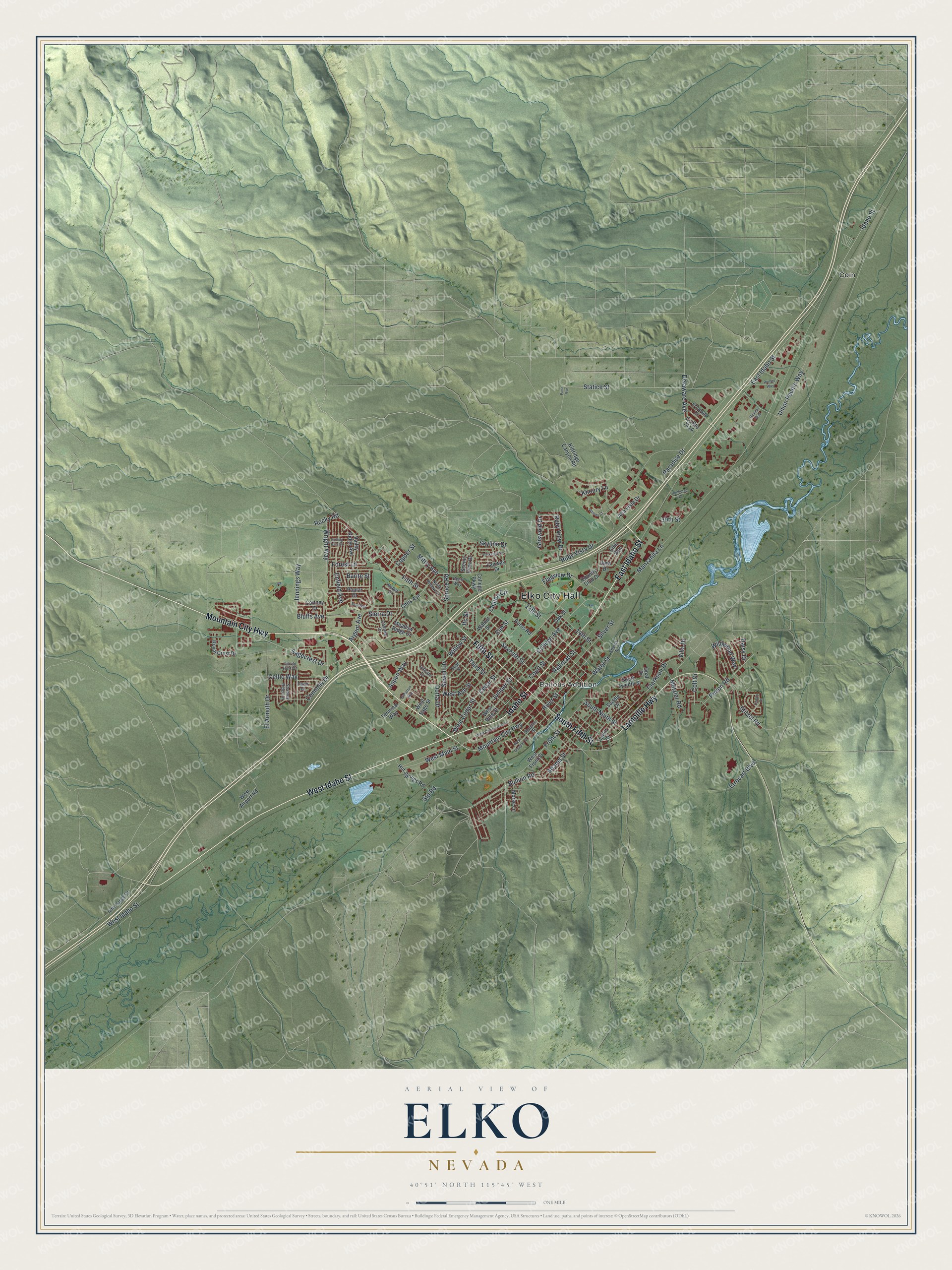 Full map of Elko, Nevada, with red buildings, printed street names and the land around them