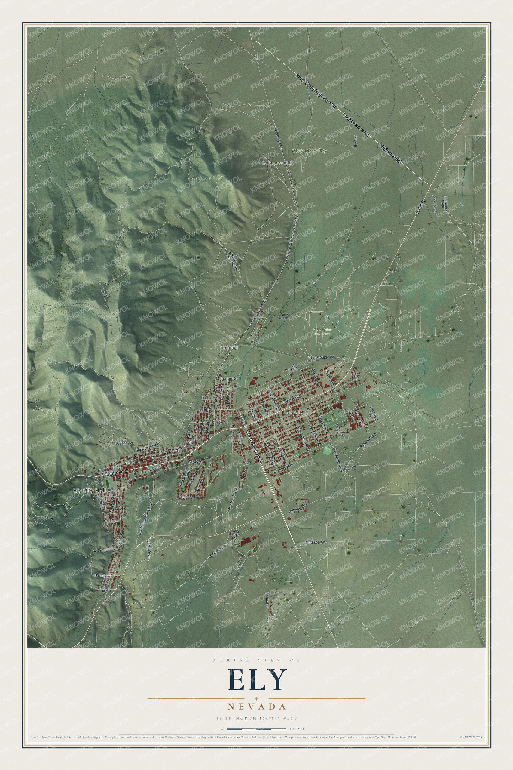 Full map of Ely, Nevada, with red buildings, printed street names and the land around them