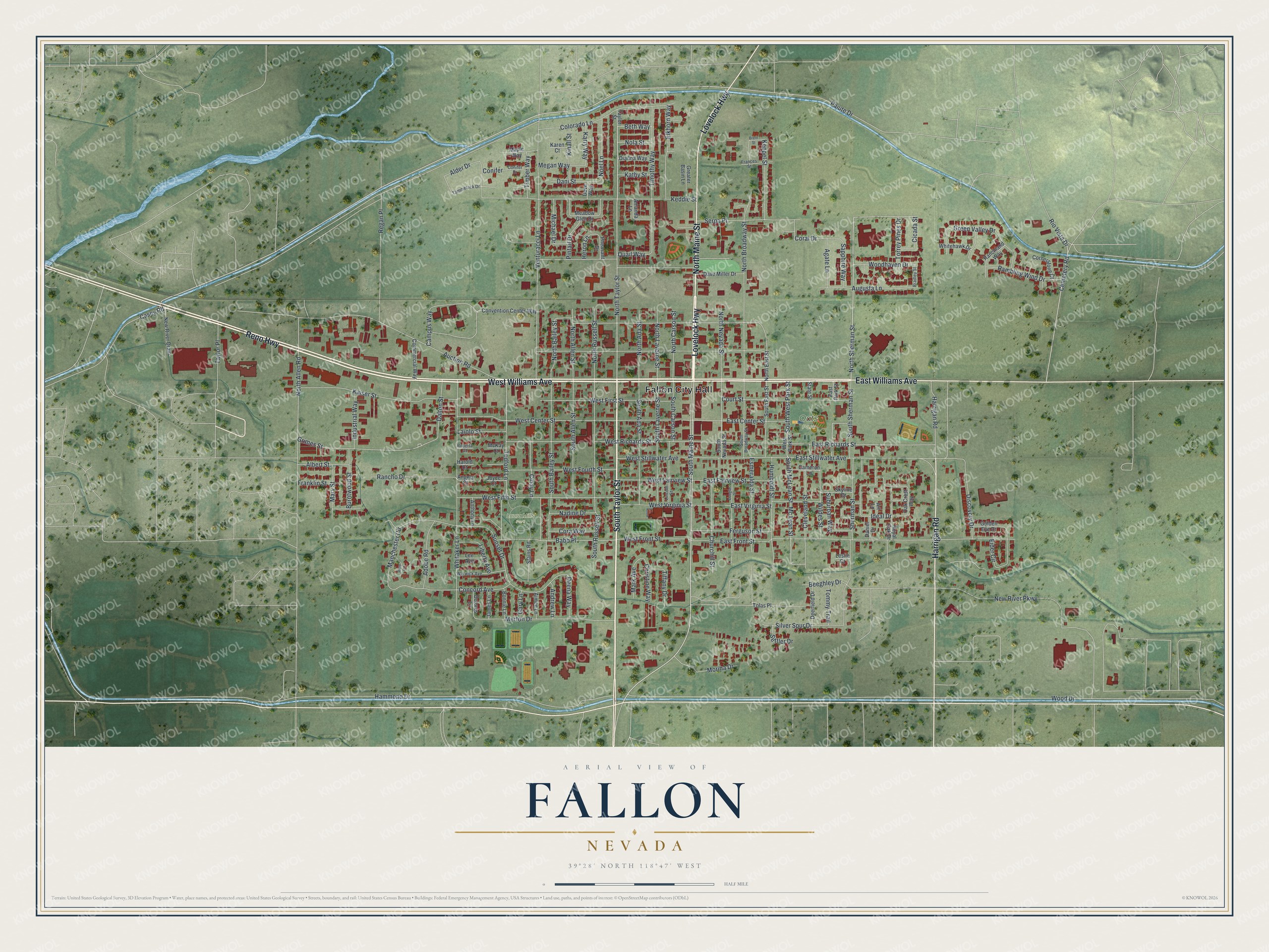 Full map of Fallon, Nevada, with red buildings, printed street names and the land around them