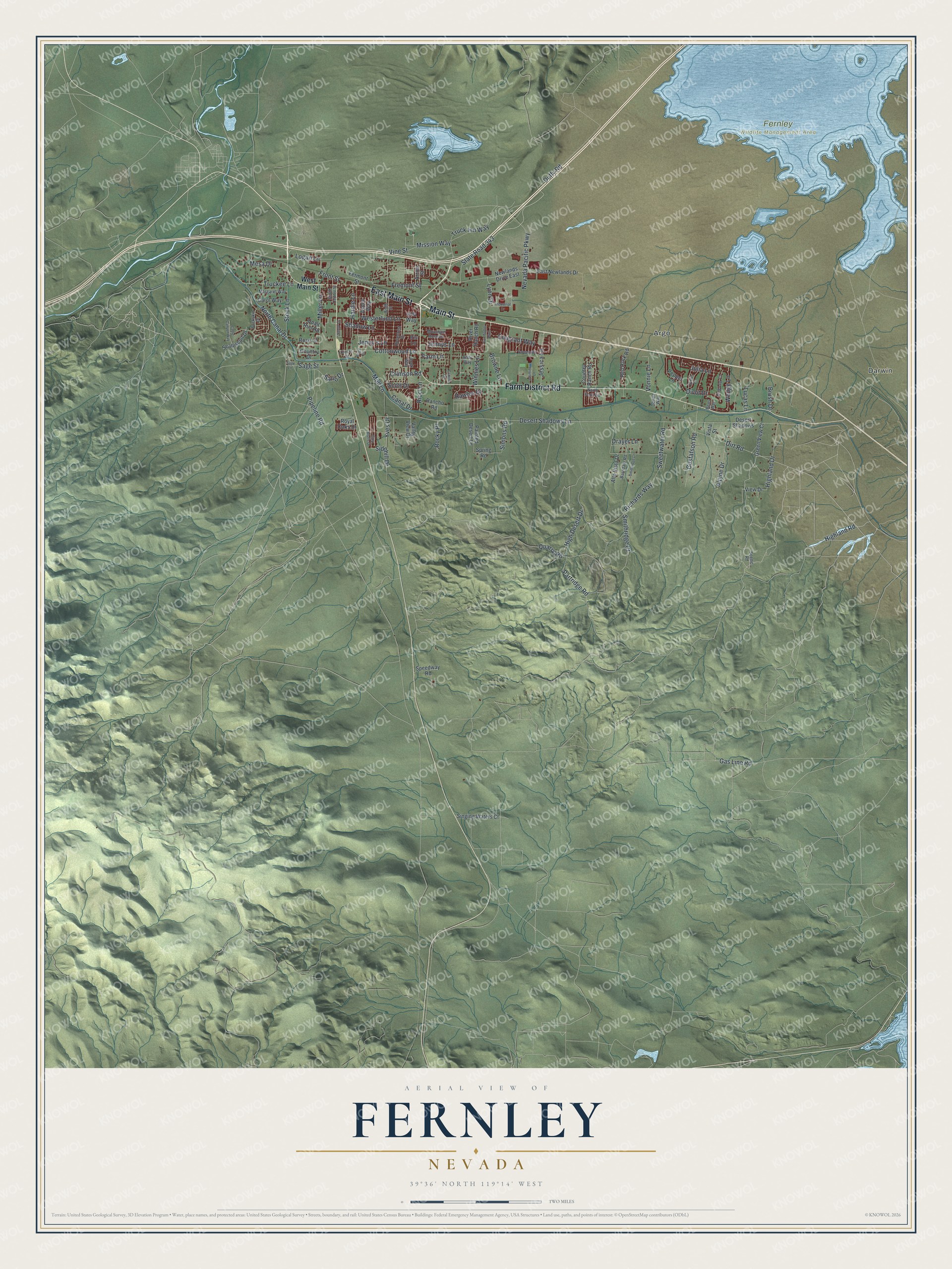 Full map of Fernley, Nevada, with red buildings, printed street names and the land around them