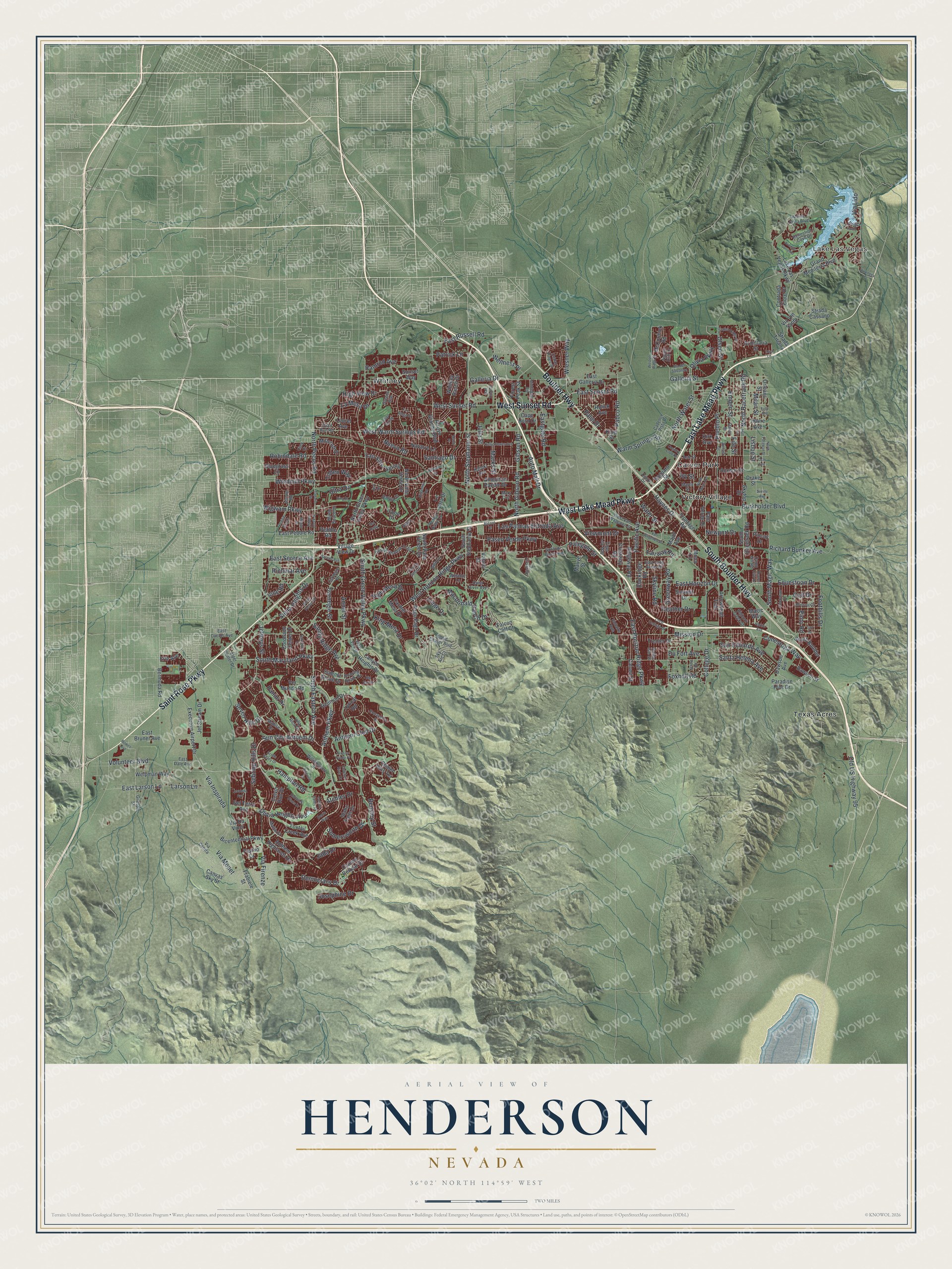 Full map of Henderson, Nevada, with red buildings, printed street names and the land around them