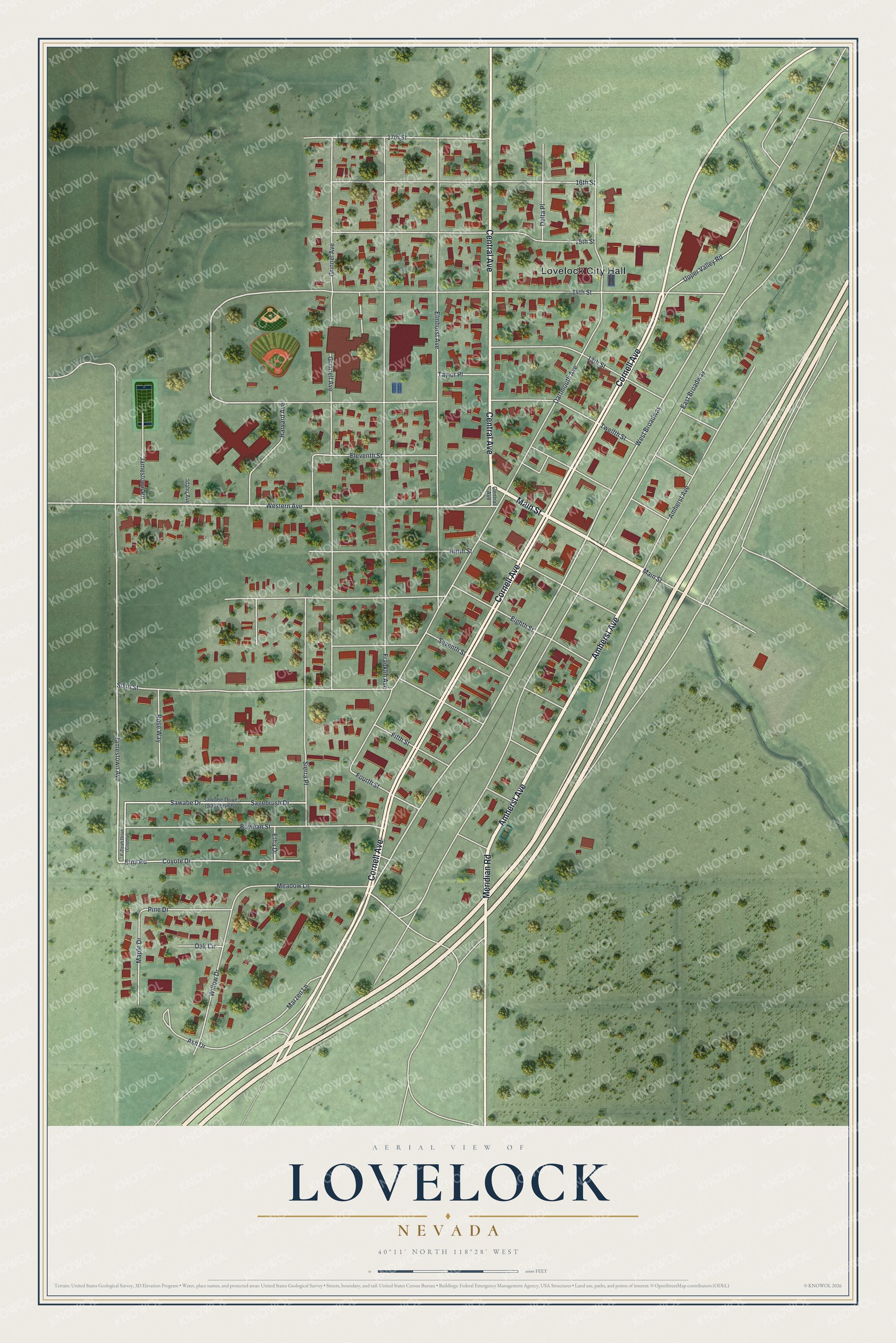 Full map of Lovelock, Nevada, with red buildings, printed street names and the land around them