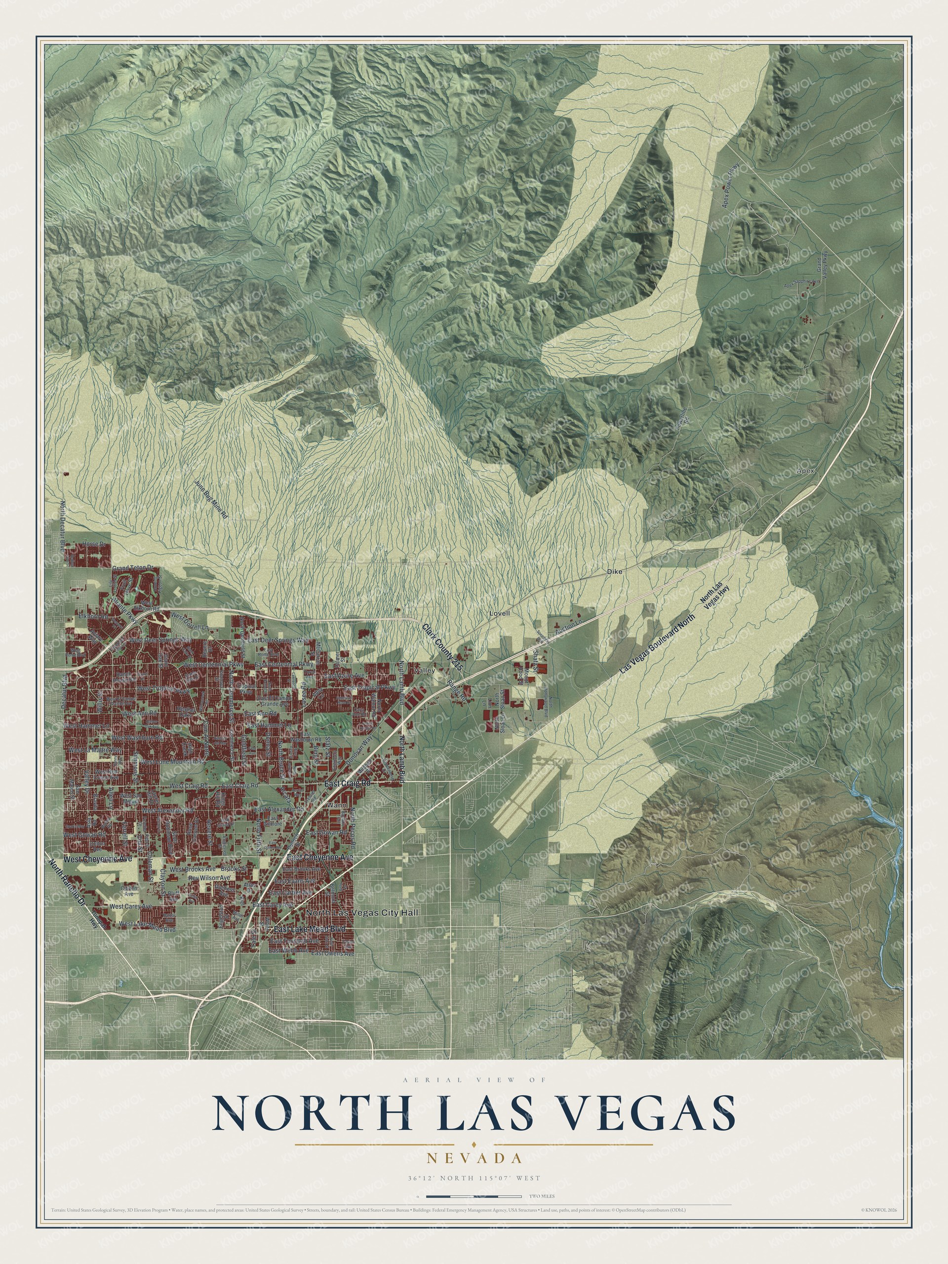 Full map of North Las Vegas, Nevada, with red buildings, printed street names and the land around them