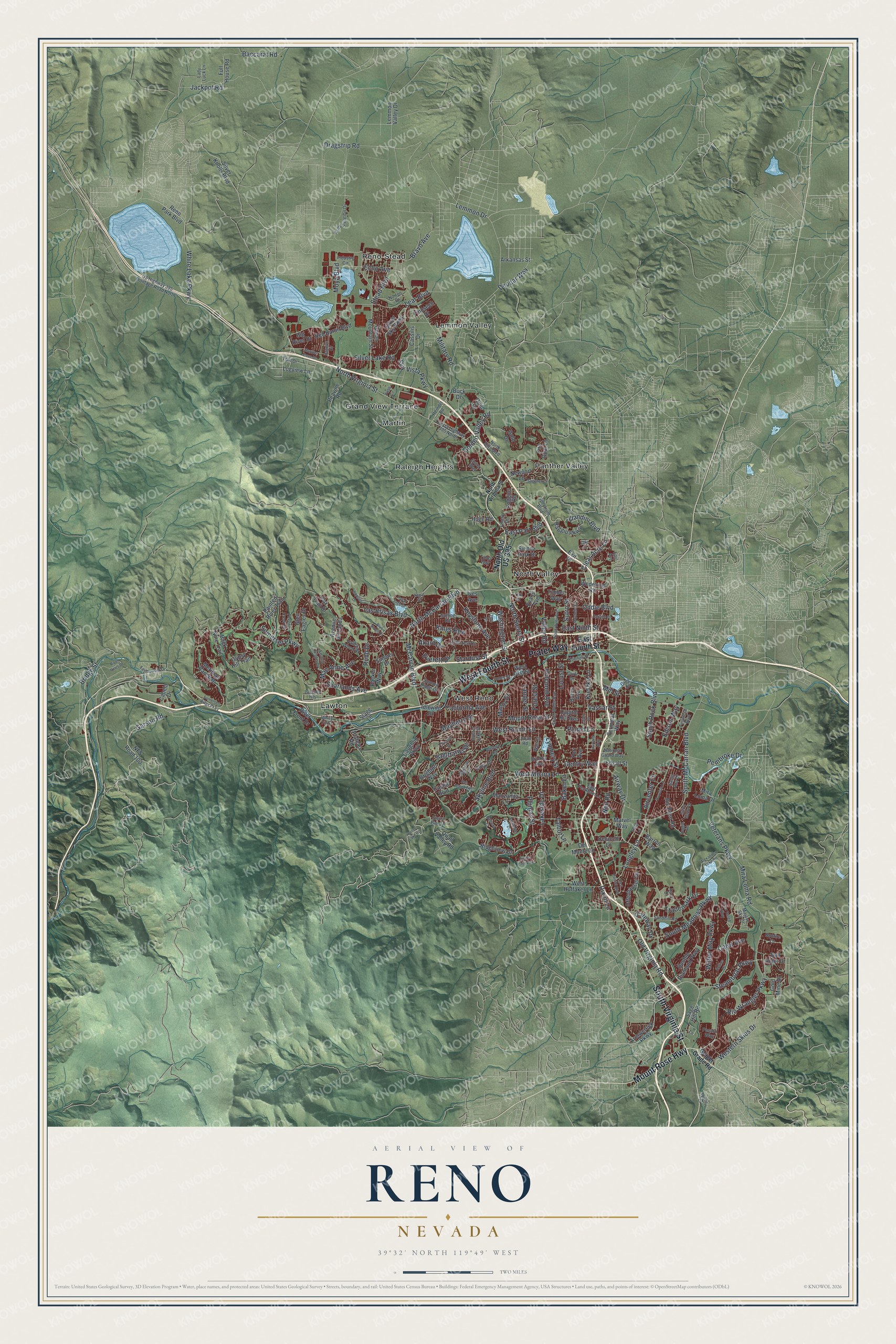 Full map of Reno, Nevada, with red buildings, printed street names and the land around them