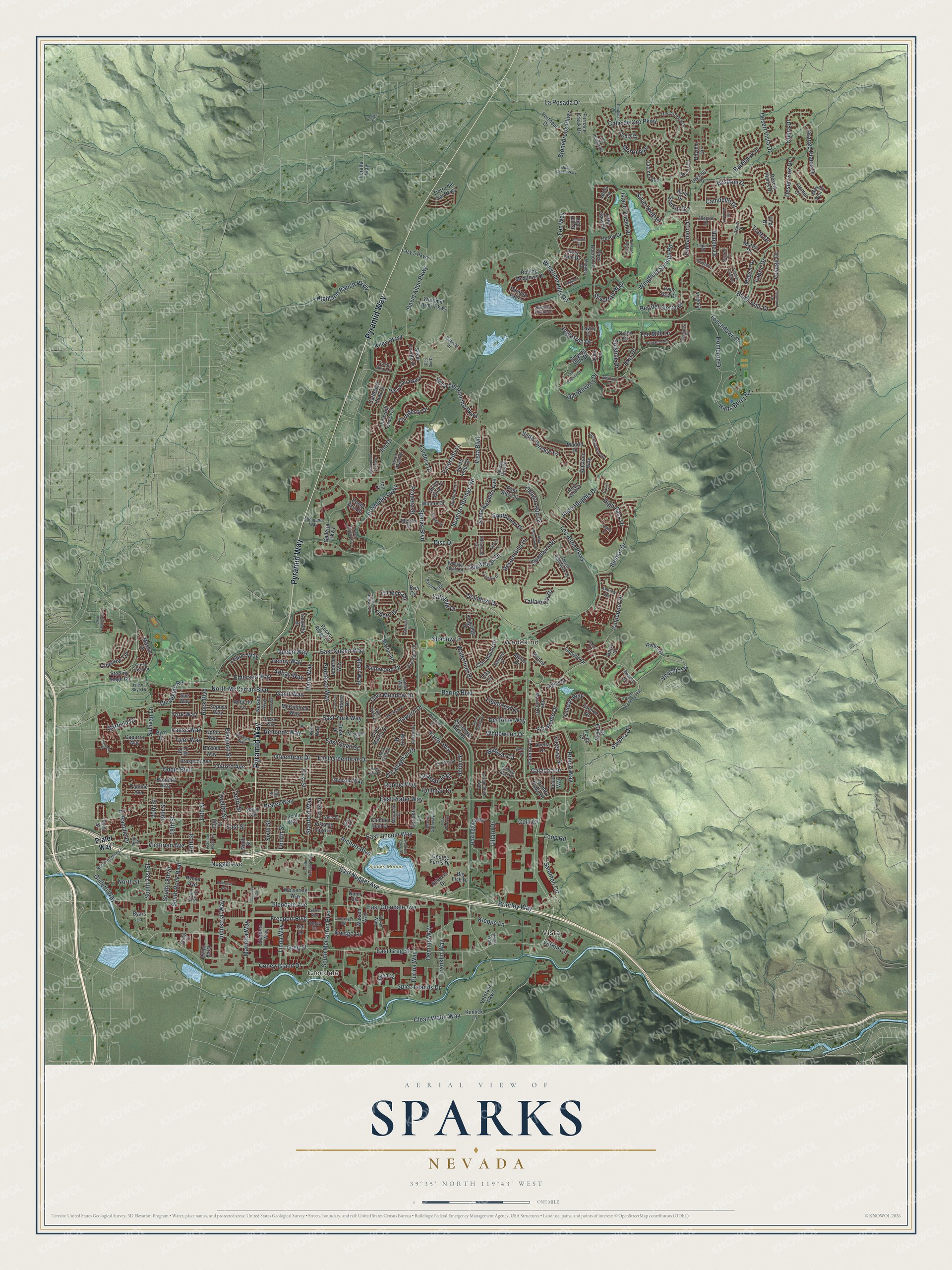 Full map of Sparks, Nevada, with red buildings, printed street names and the land around them