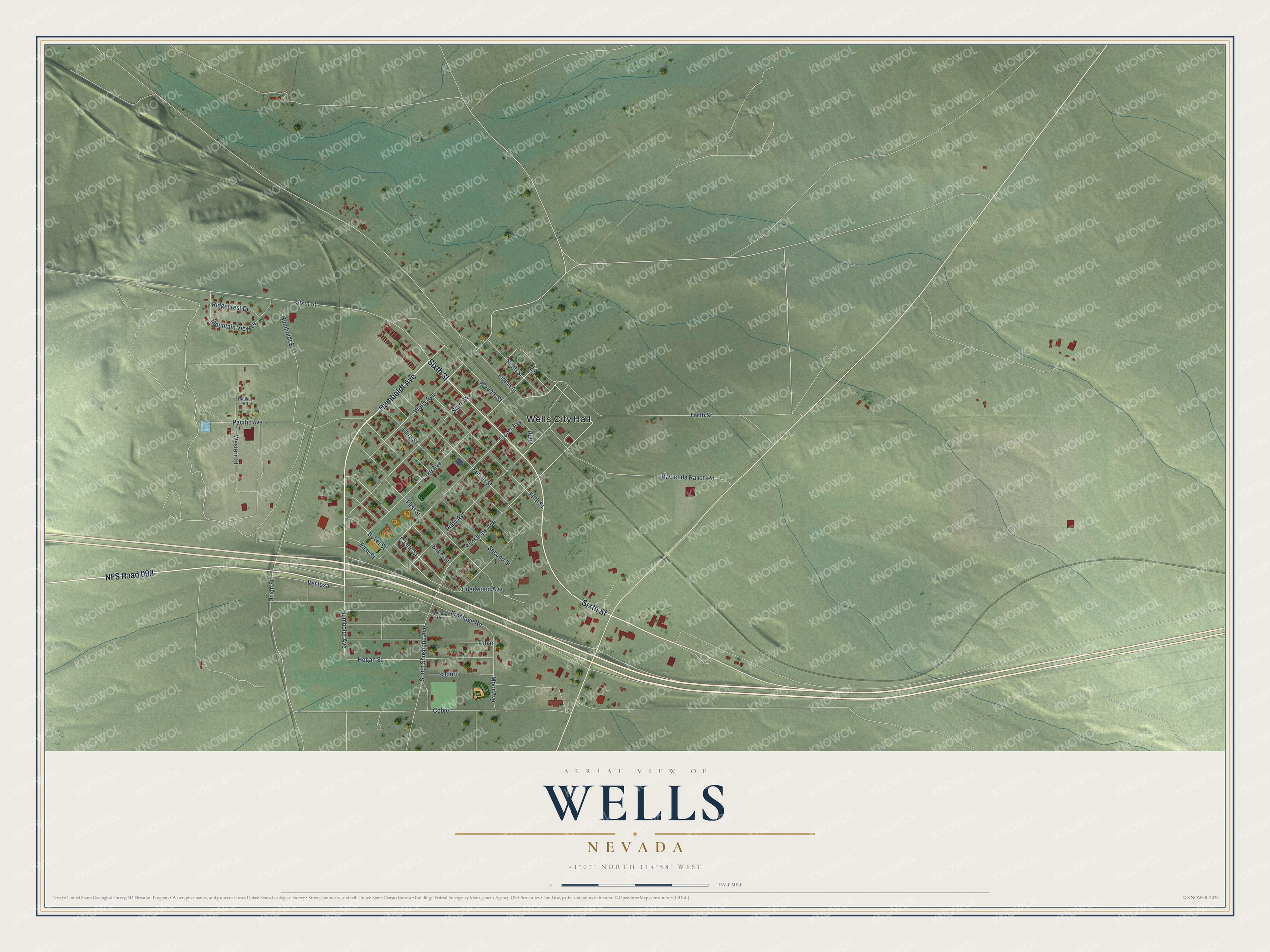 Full map of Wells, Nevada, with red buildings, printed street names and the land around them