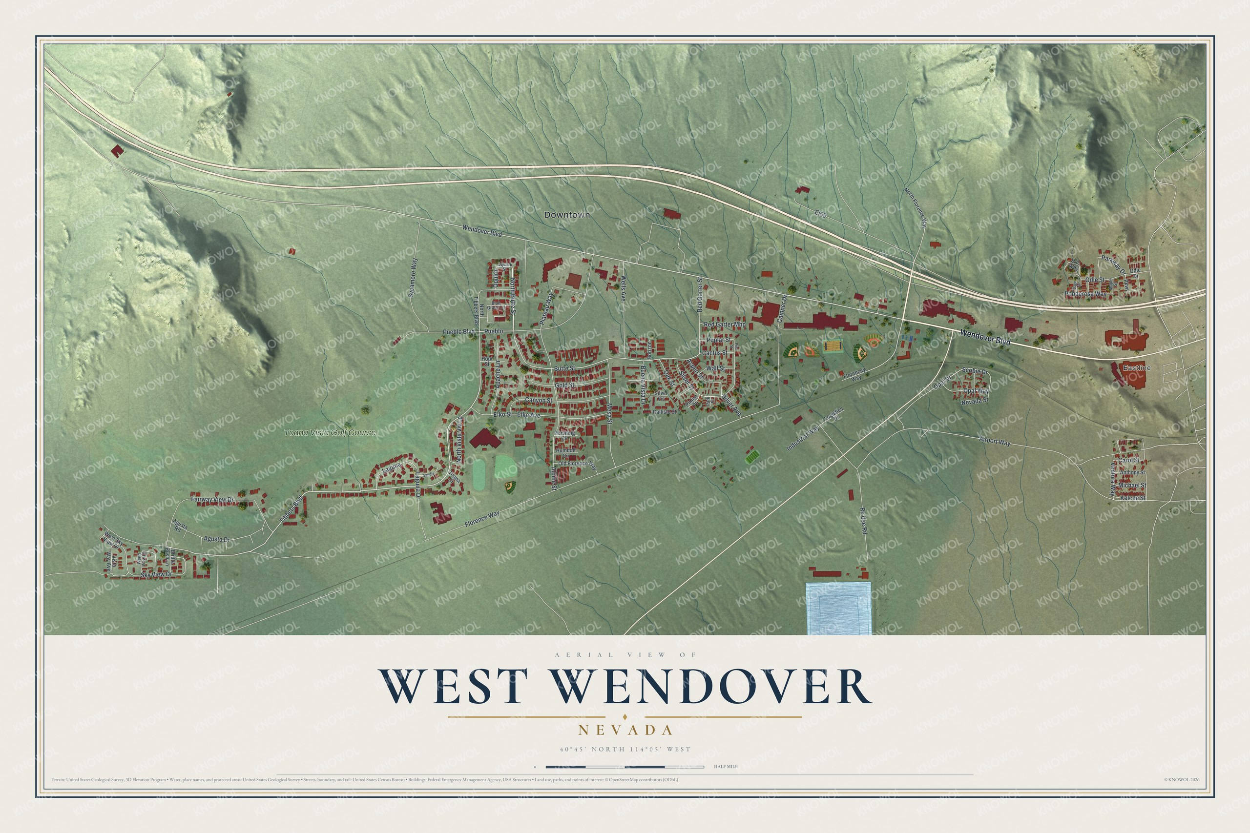 Full map of West Wendover, Nevada, with red buildings, printed street names and the land around them