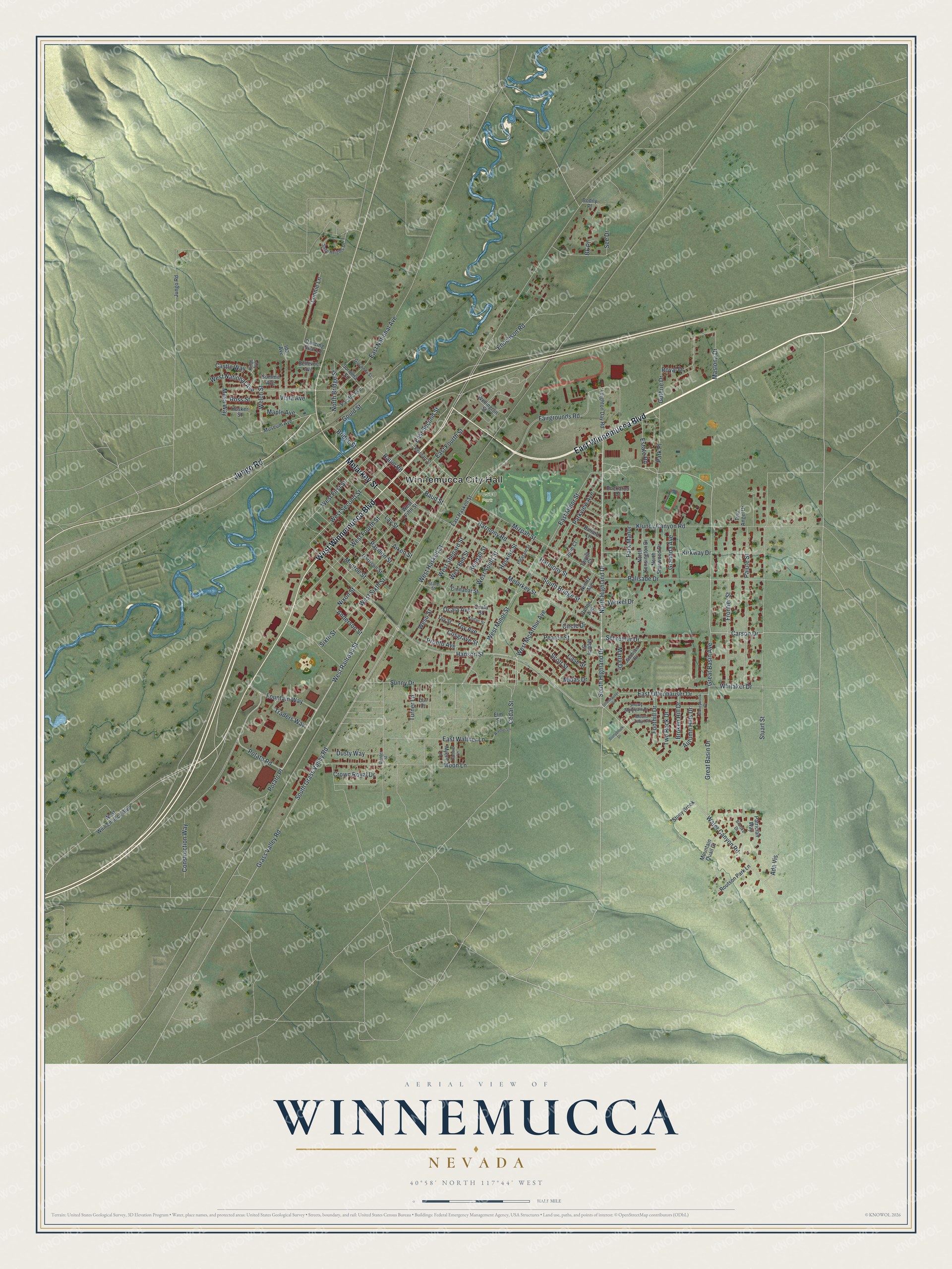 Full map of Winnemucca, Nevada, with red buildings, printed street names and the land around them