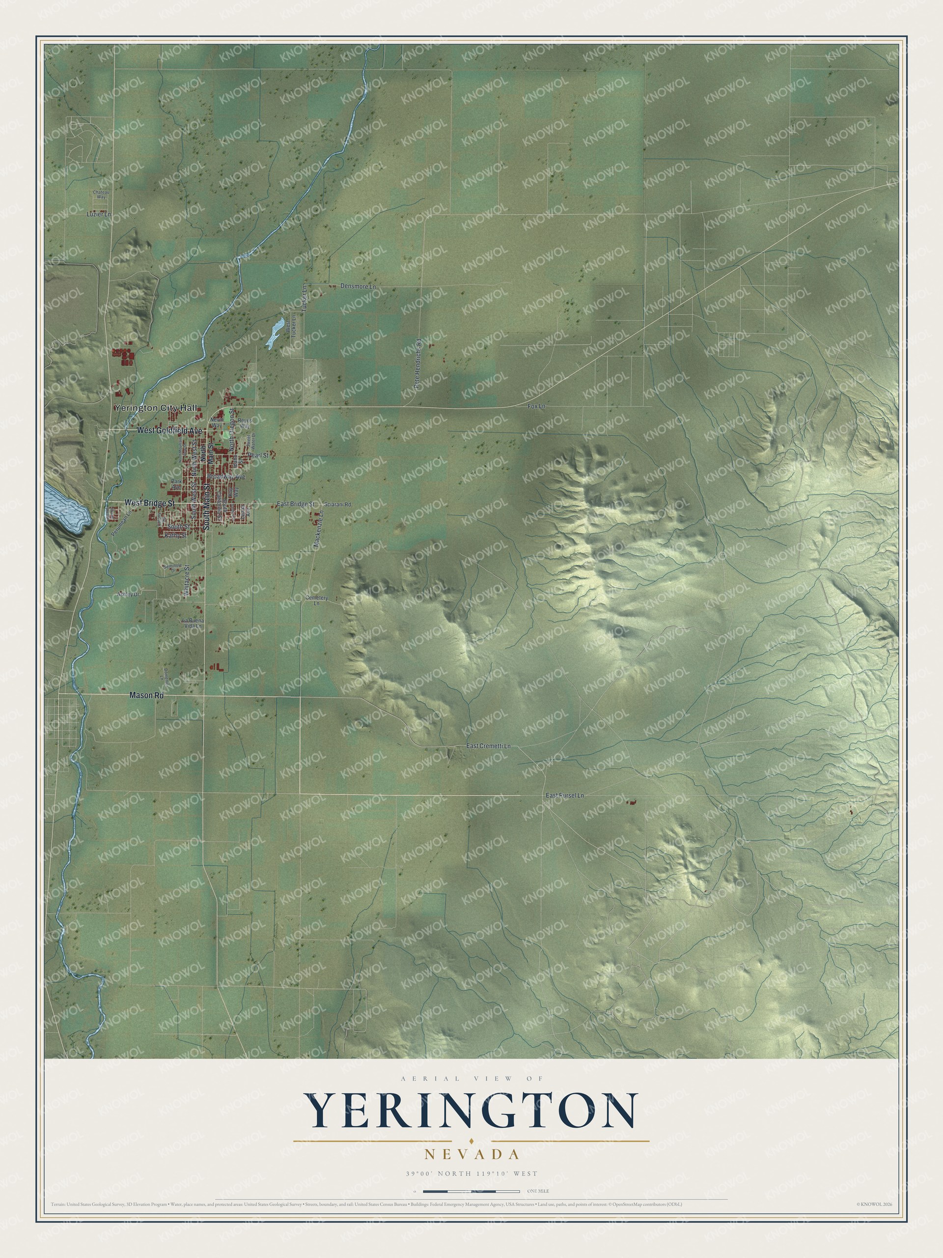 Full map of Yerington, Nevada, with red buildings, printed street names and the land around them
