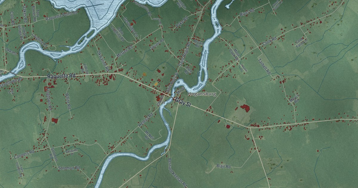 Close-up of streets and buildings in Akwesasne, New York