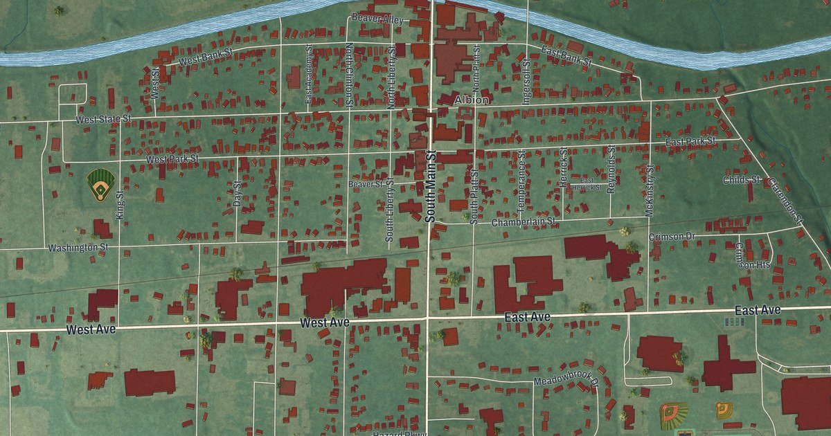 Close-up of streets and buildings in Albion, New York