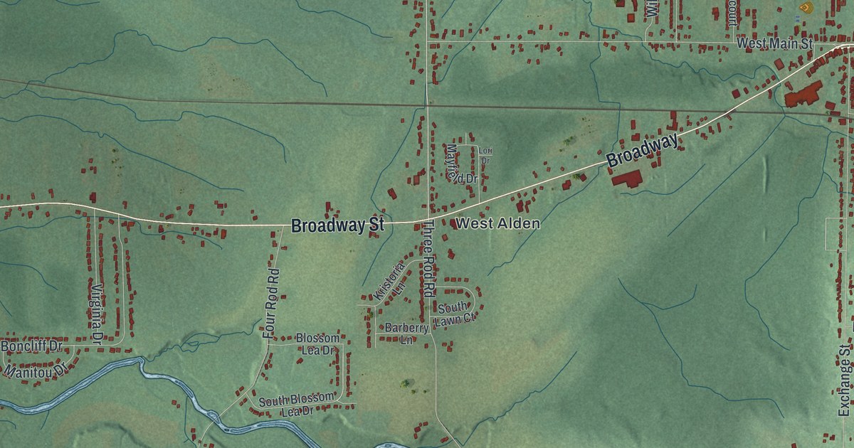 Close-up of streets and buildings in Alden, New York
