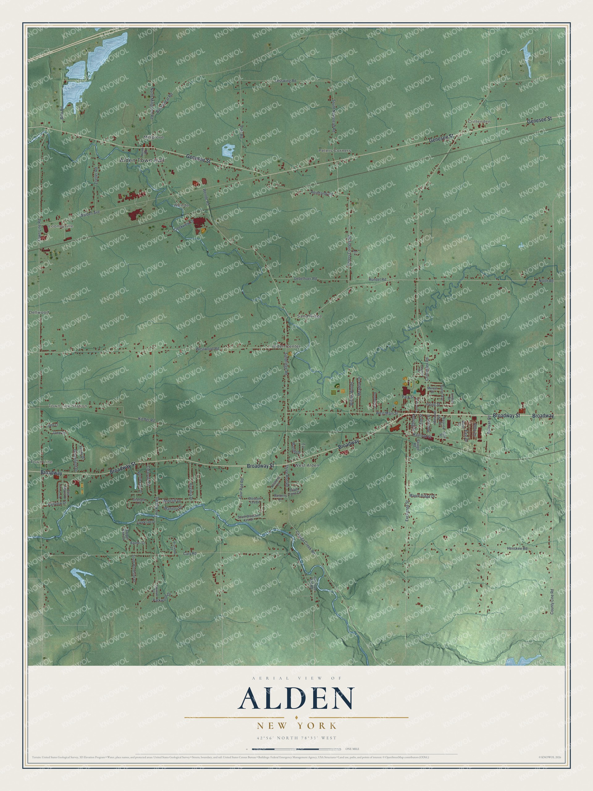 Detailed map of Alden, New York, showing streets, buildings, and neighborhoods