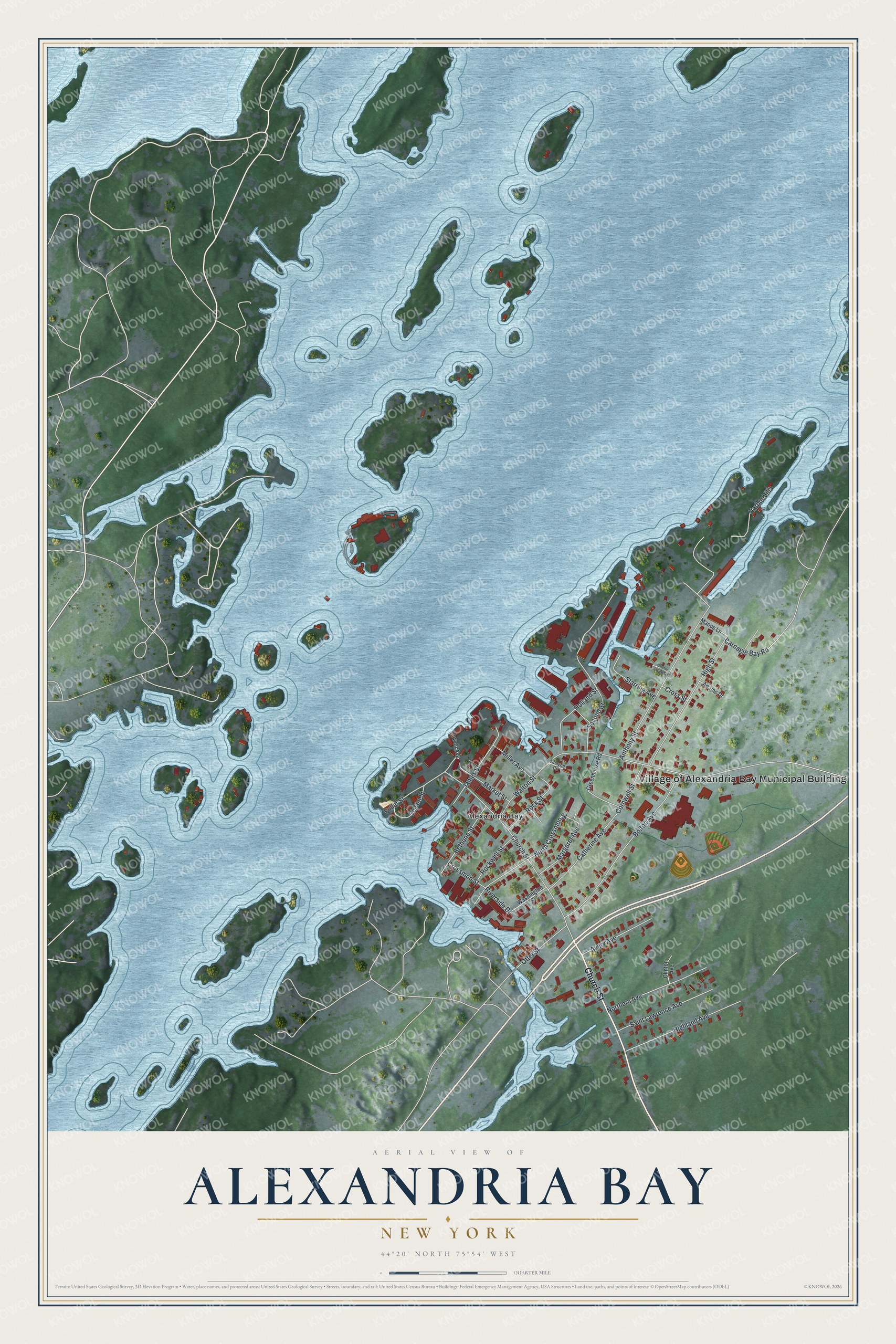 Detailed map of Alexandria Bay, New York, showing streets and buildings