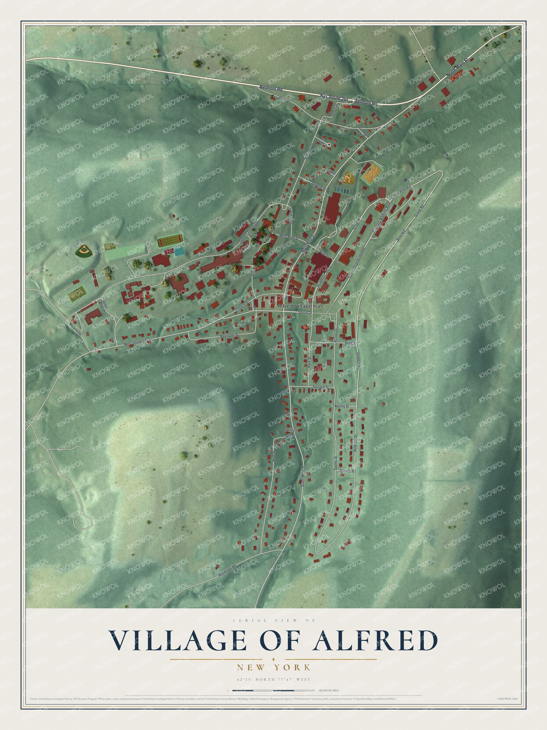 Detailed map of the Village of Alfred, New York, showing streets and buildings