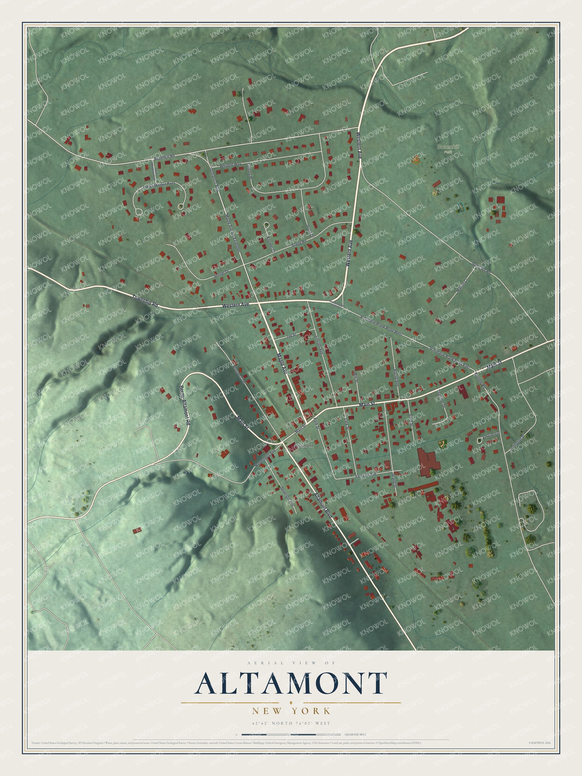 Detailed map of Altamont, New York, showing streets, buildings, and parks