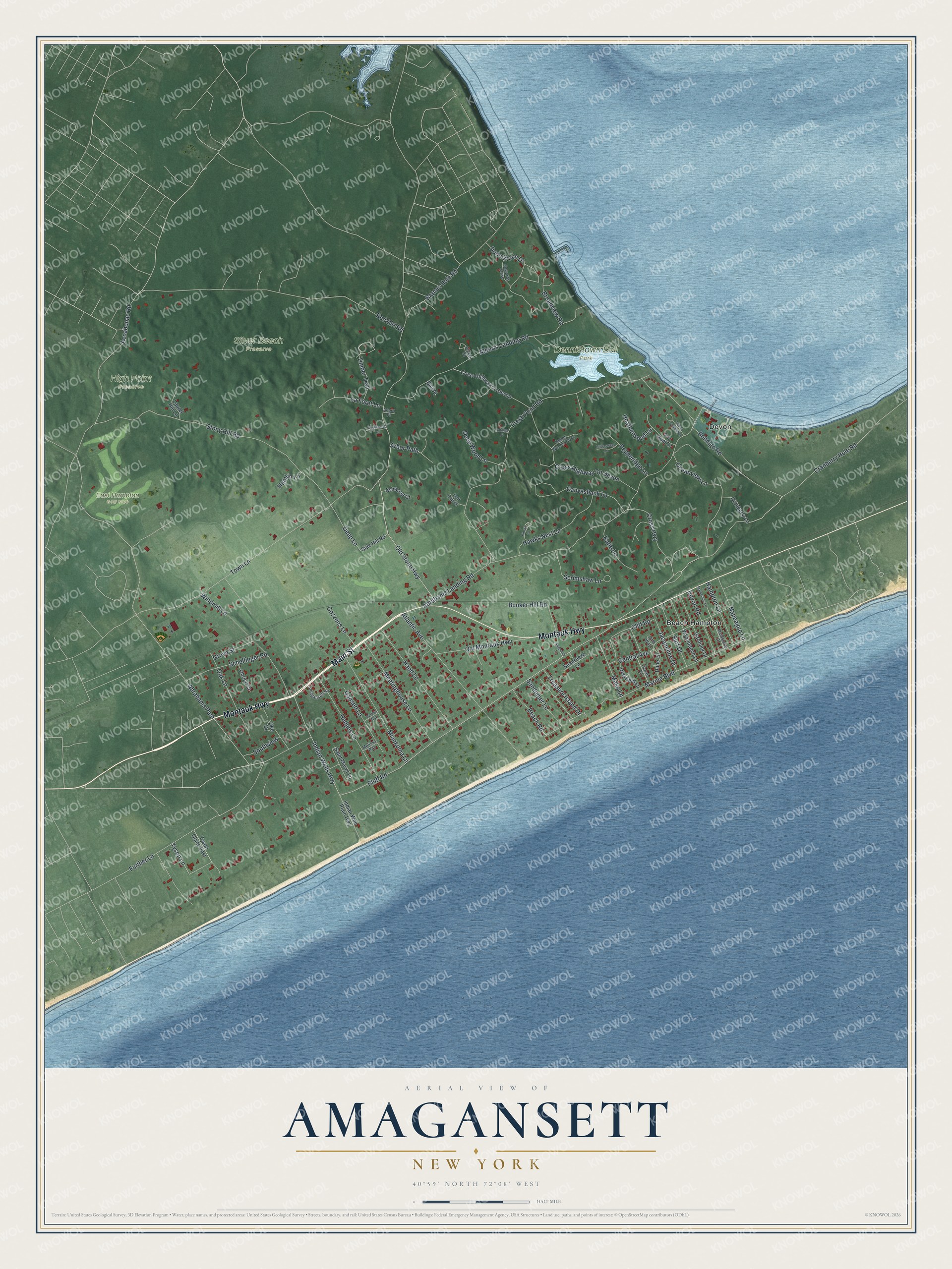 Detailed map of Amagansett, New York, showing streets, buildings, neighborhoods, beaches, and parks