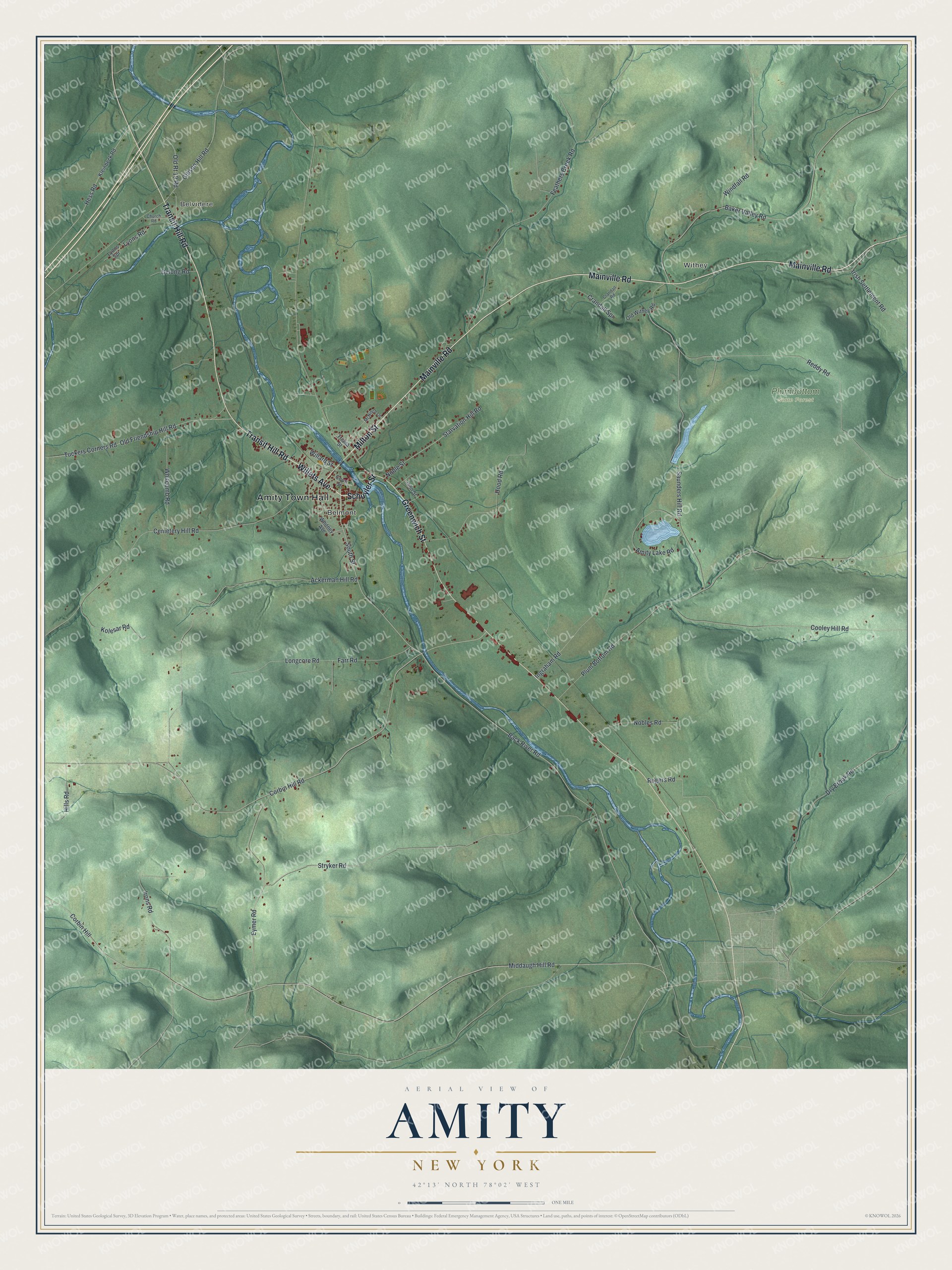 Detailed map of Amity, New York, showing streets, buildings, neighborhoods, and parks
