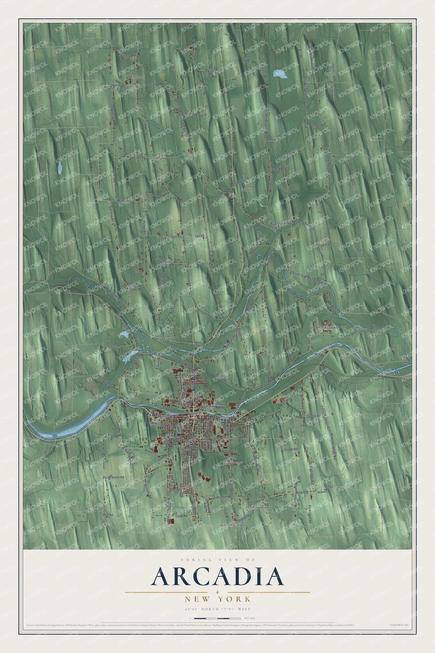 Detailed map of Arcadia, New York, showing streets, buildings, and neighborhoods