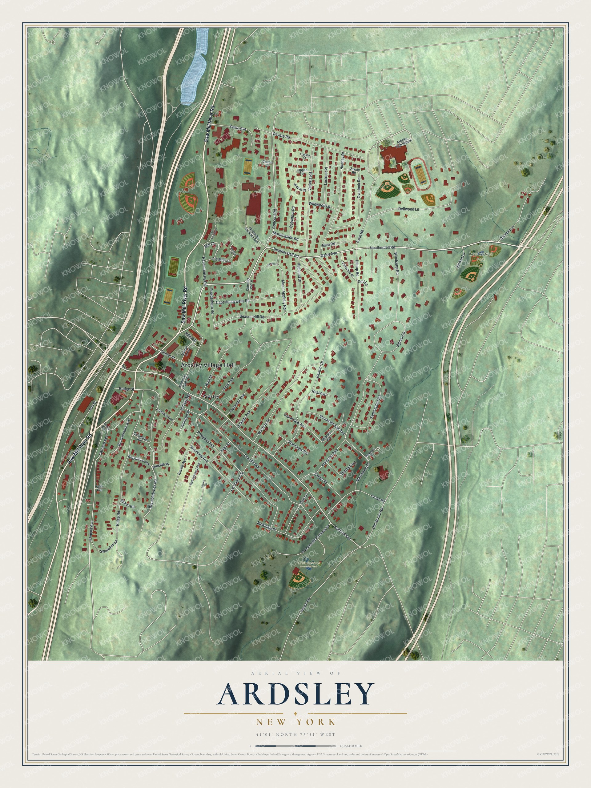 Detailed map of Ardsley, New York, showing streets, buildings, and parks