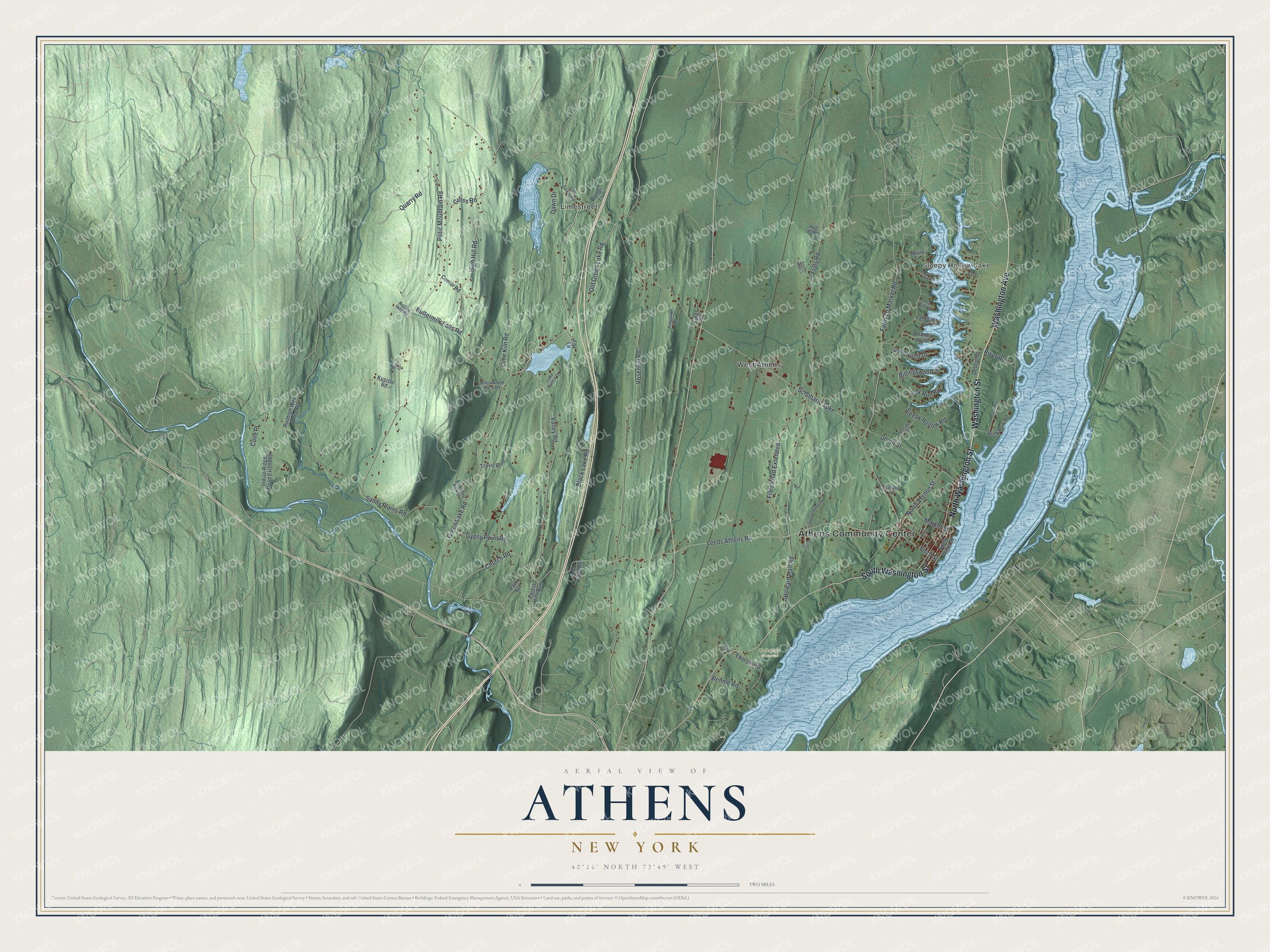 Detailed map of Athens, New York, showing streets, buildings, neighborhoods, and parks
