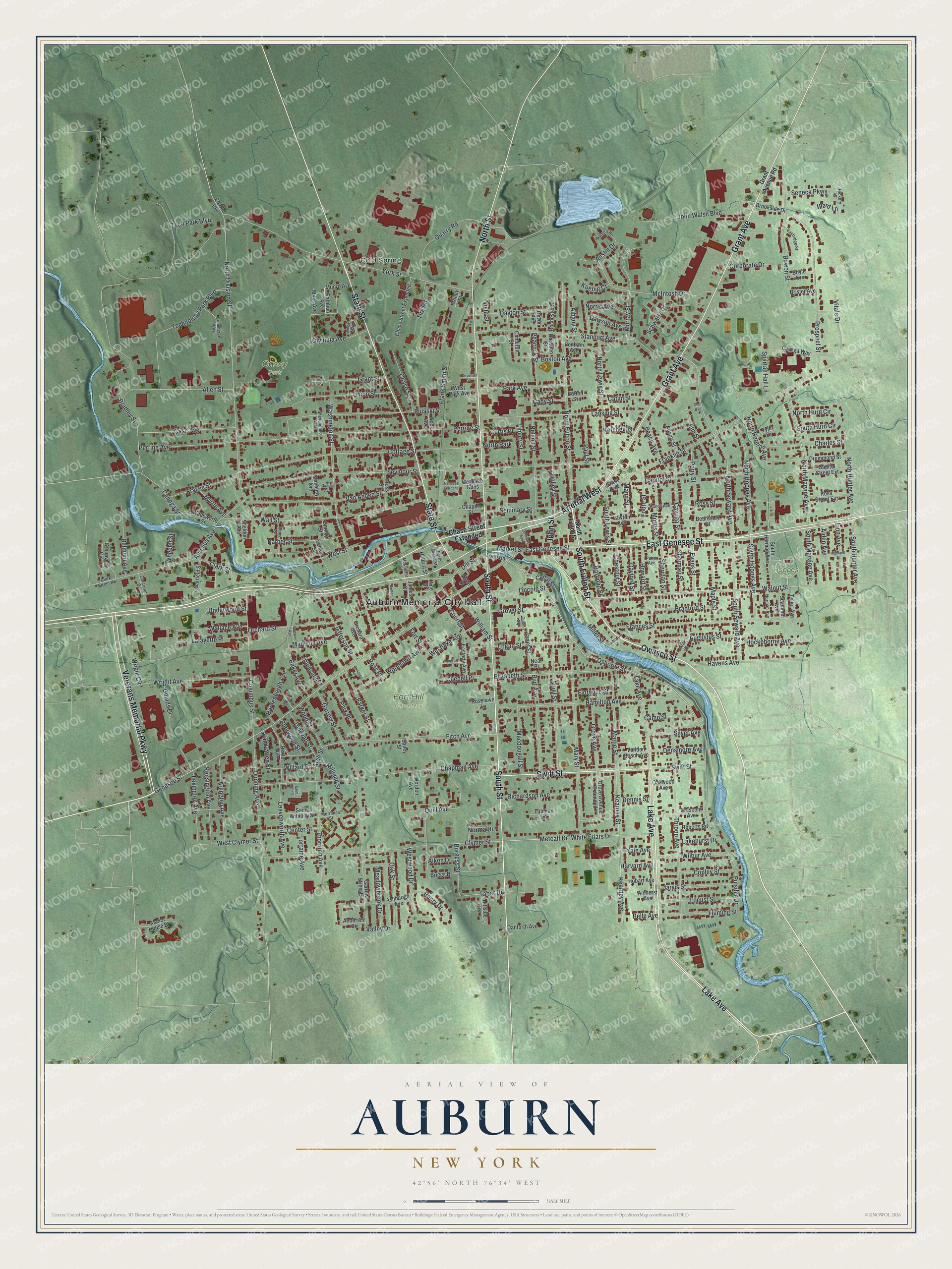 Detailed map of Auburn, New York, showing streets, buildings, and parks
