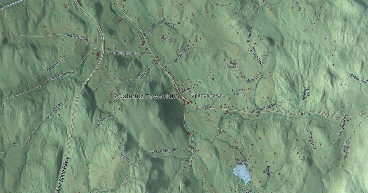Close-up of streets and buildings in Austerlitz, New York