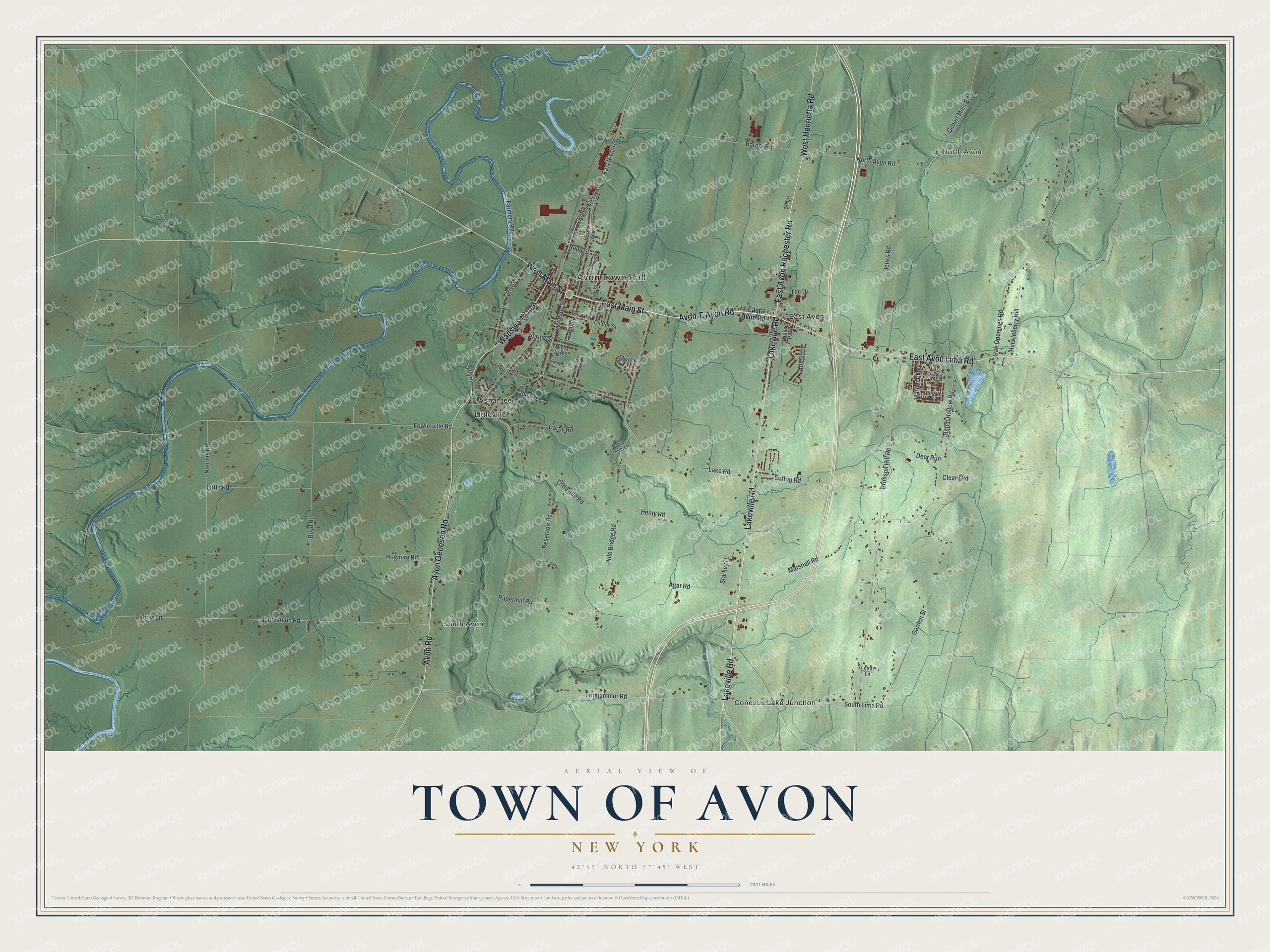 Detailed map of the Town of Avon, New York, showing streets, buildings, and neighborhoods