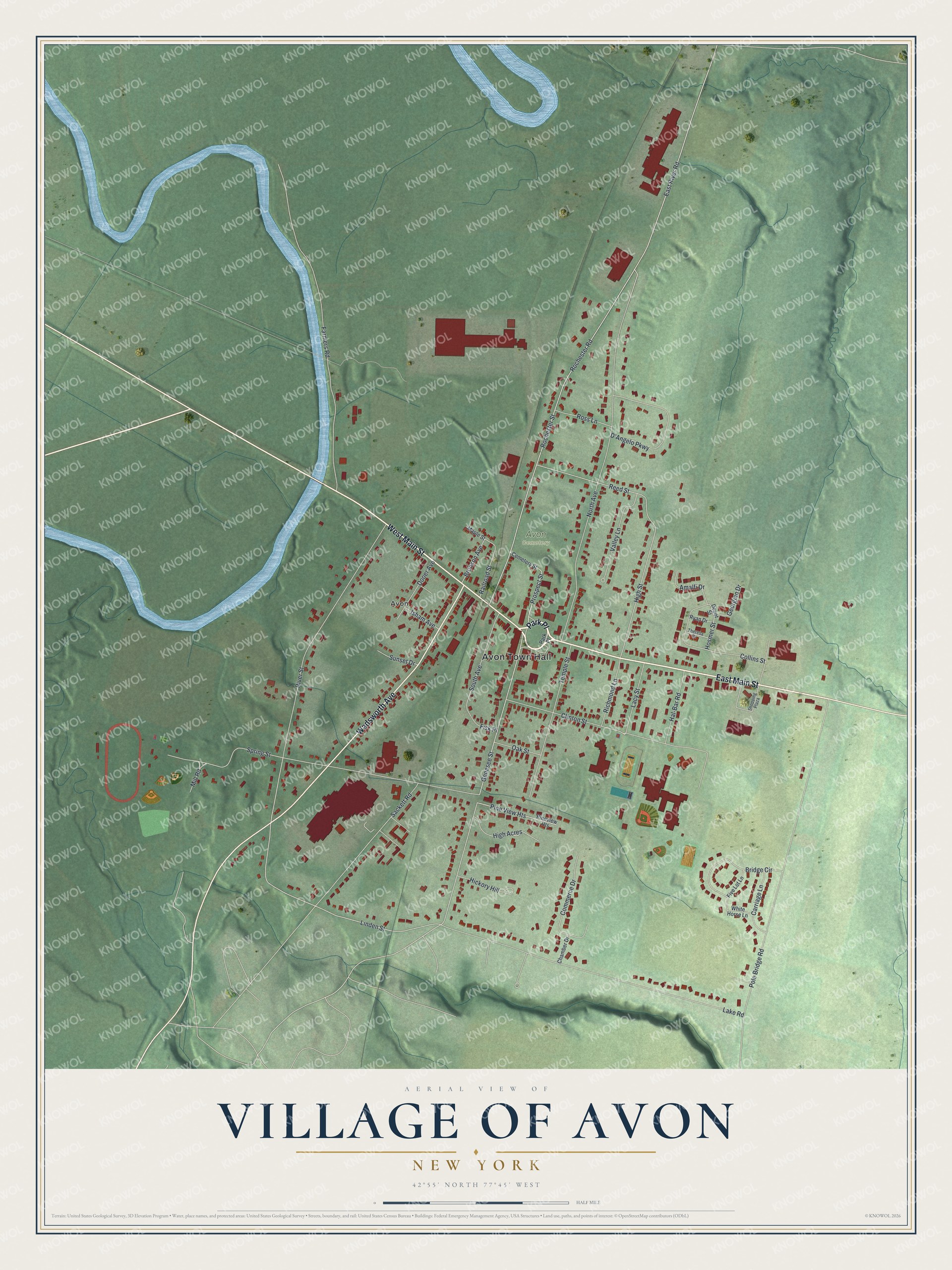 Detailed map of the Village of Avon, New York, showing streets and buildings