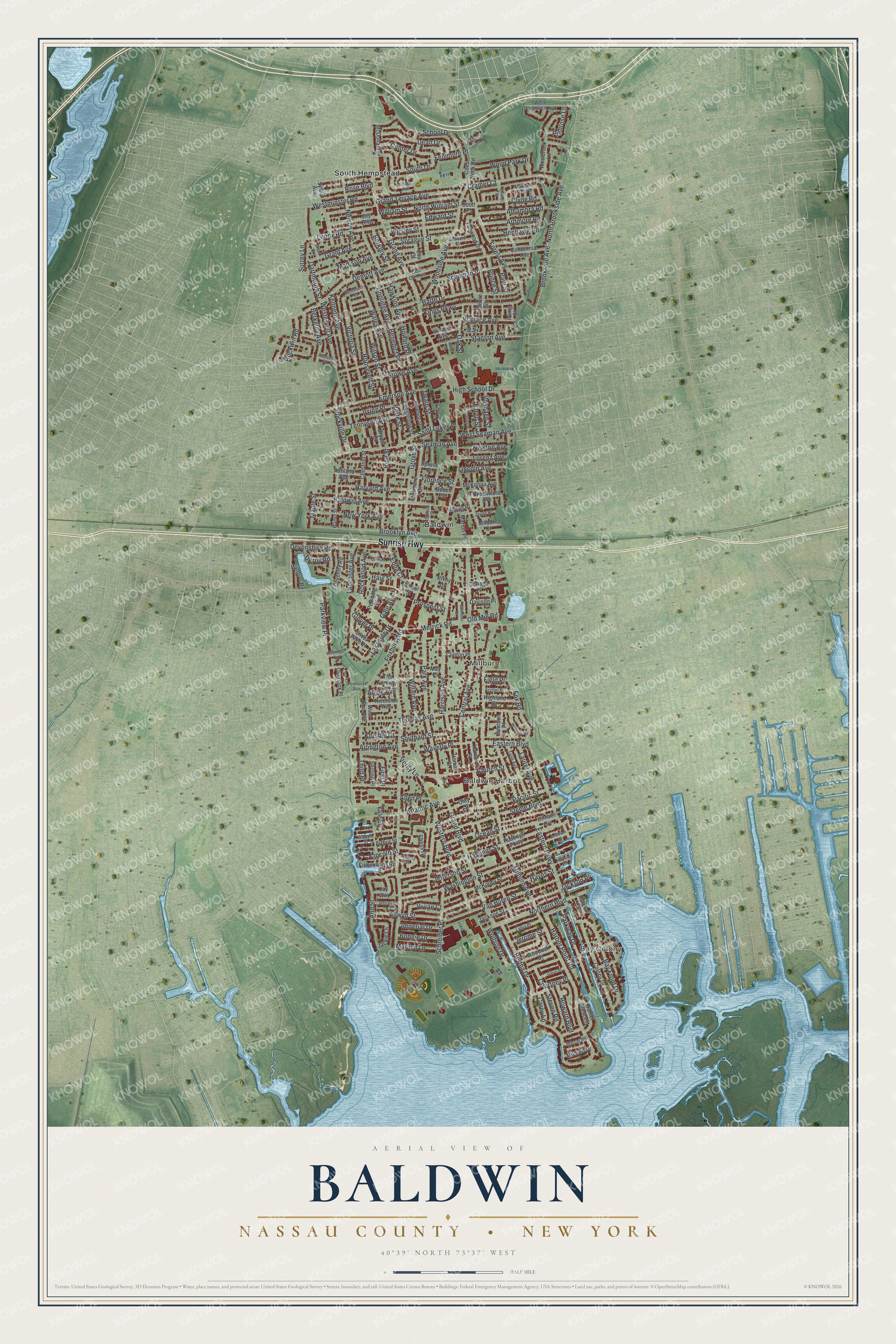 Detailed map of Baldwin, Nassau County, New York, showing streets, buildings, and neighborhoods