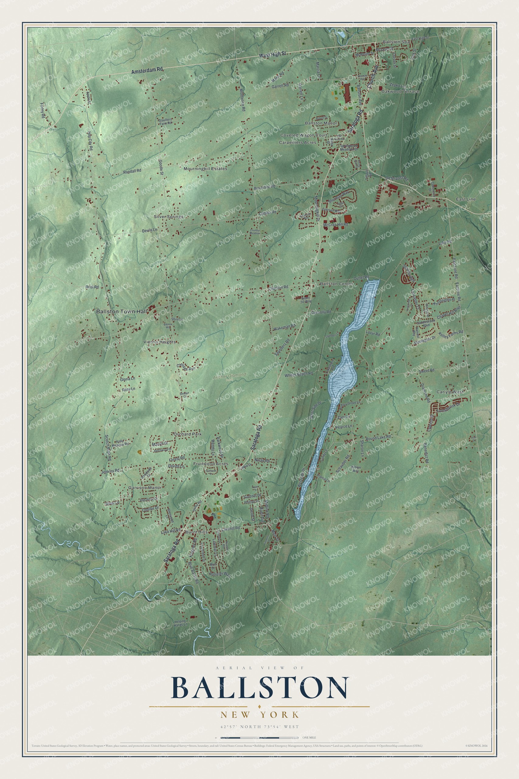 Detailed map of Ballston, New York, showing streets, buildings, neighborhoods, and parks