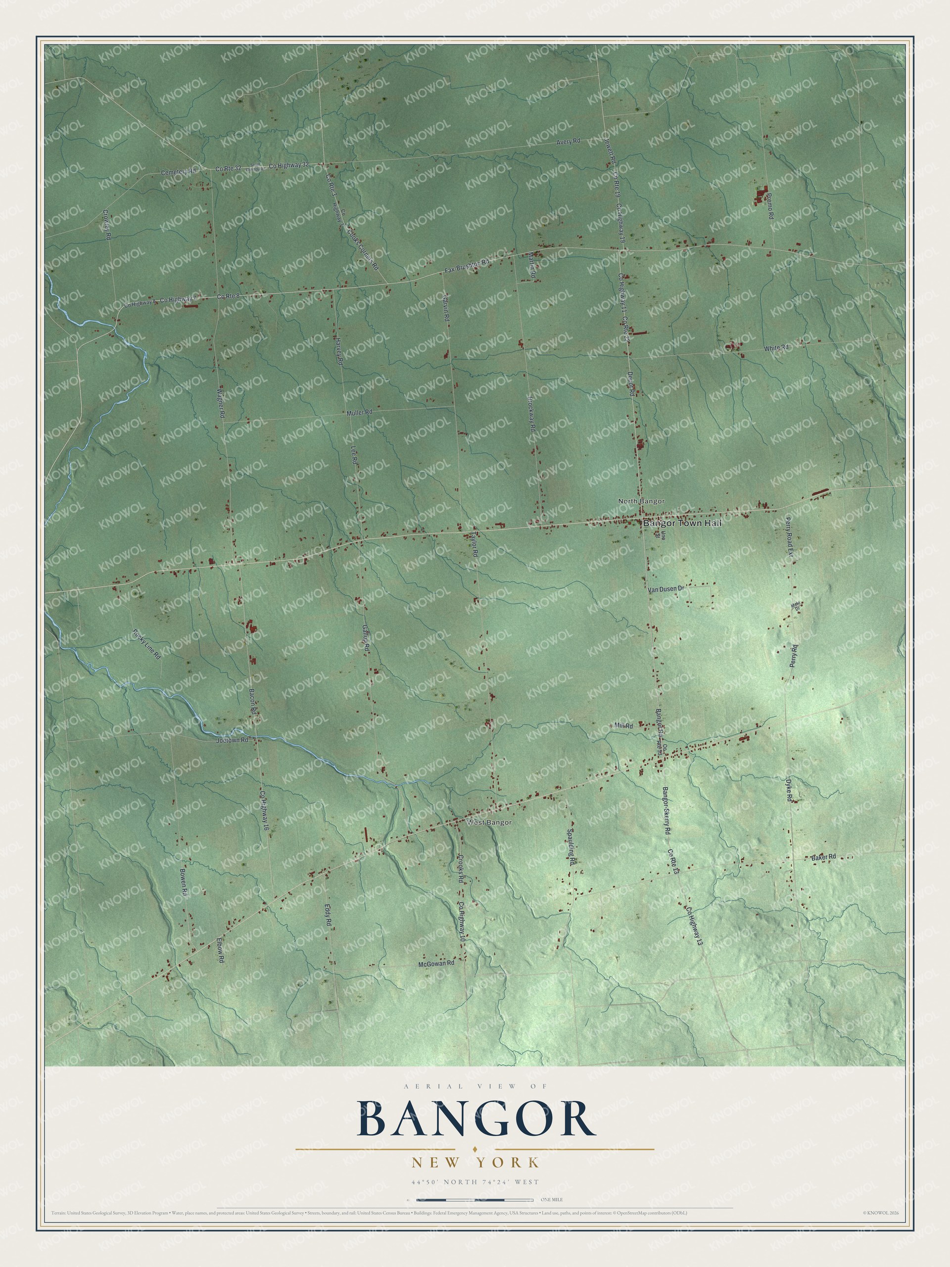 Detailed map of Bangor, New York, showing streets, buildings, and neighborhoods