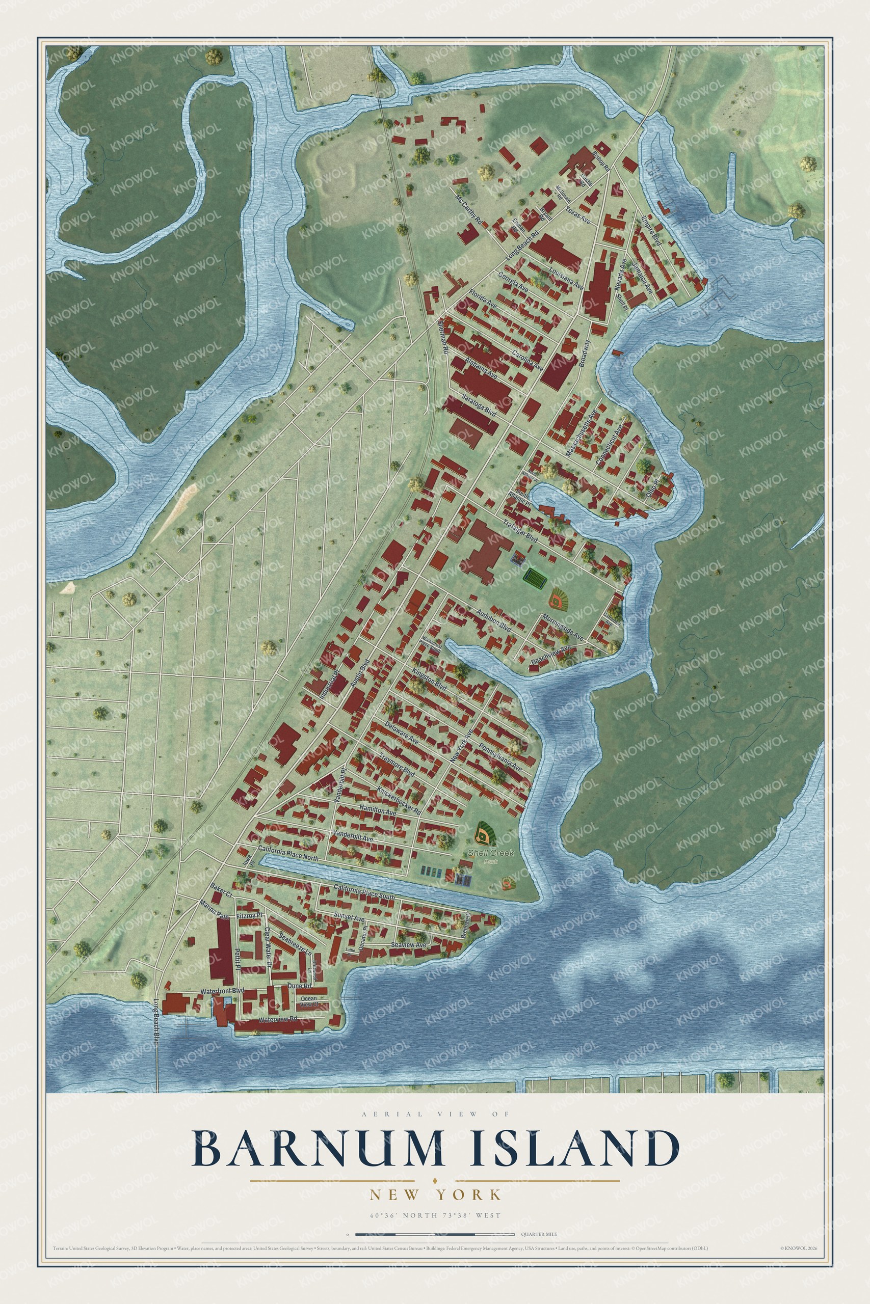 Detailed map of Barnum Island, New York, showing streets, buildings, and parks