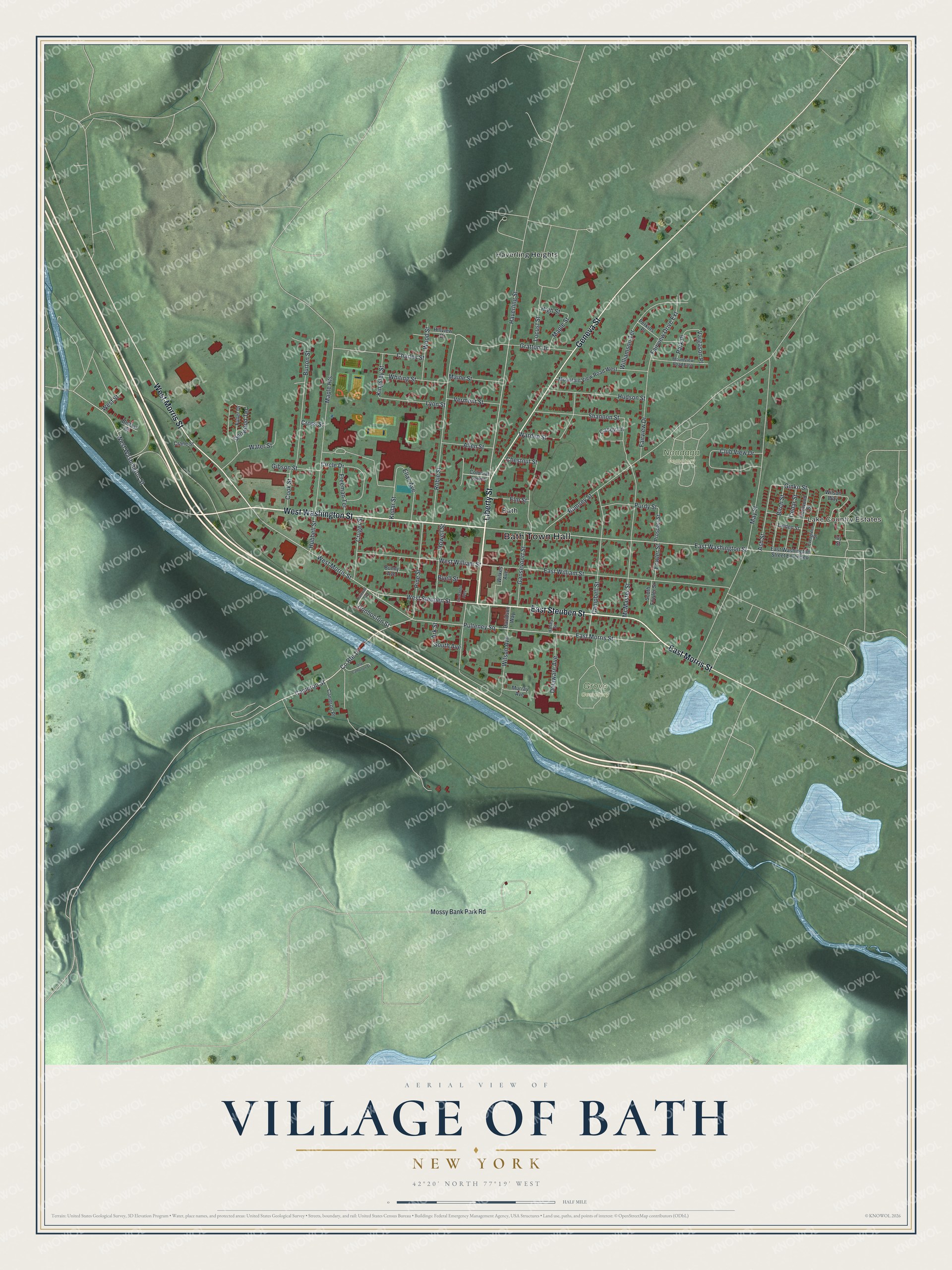 Detailed map of the Village of Bath, New York, showing streets, buildings, and parks