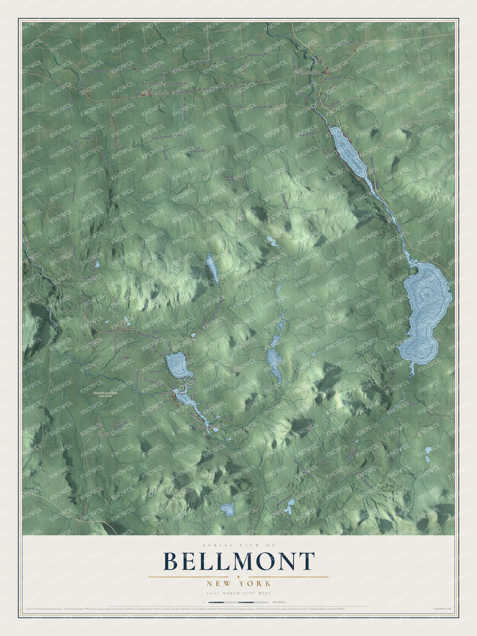 Detailed map of Bellmont, New York, showing streets, buildings, neighborhoods, and parks