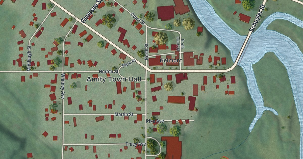 Close-up of streets and buildings in Belmont, New York