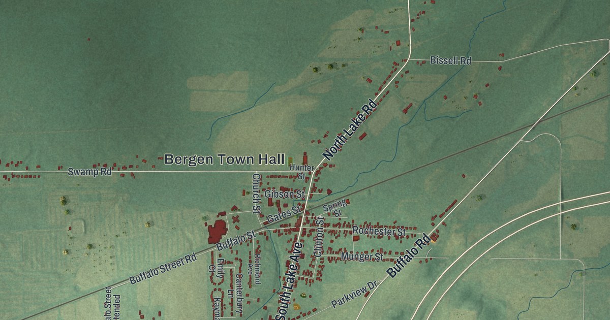 Close-up of streets and buildings in Bergen, New York