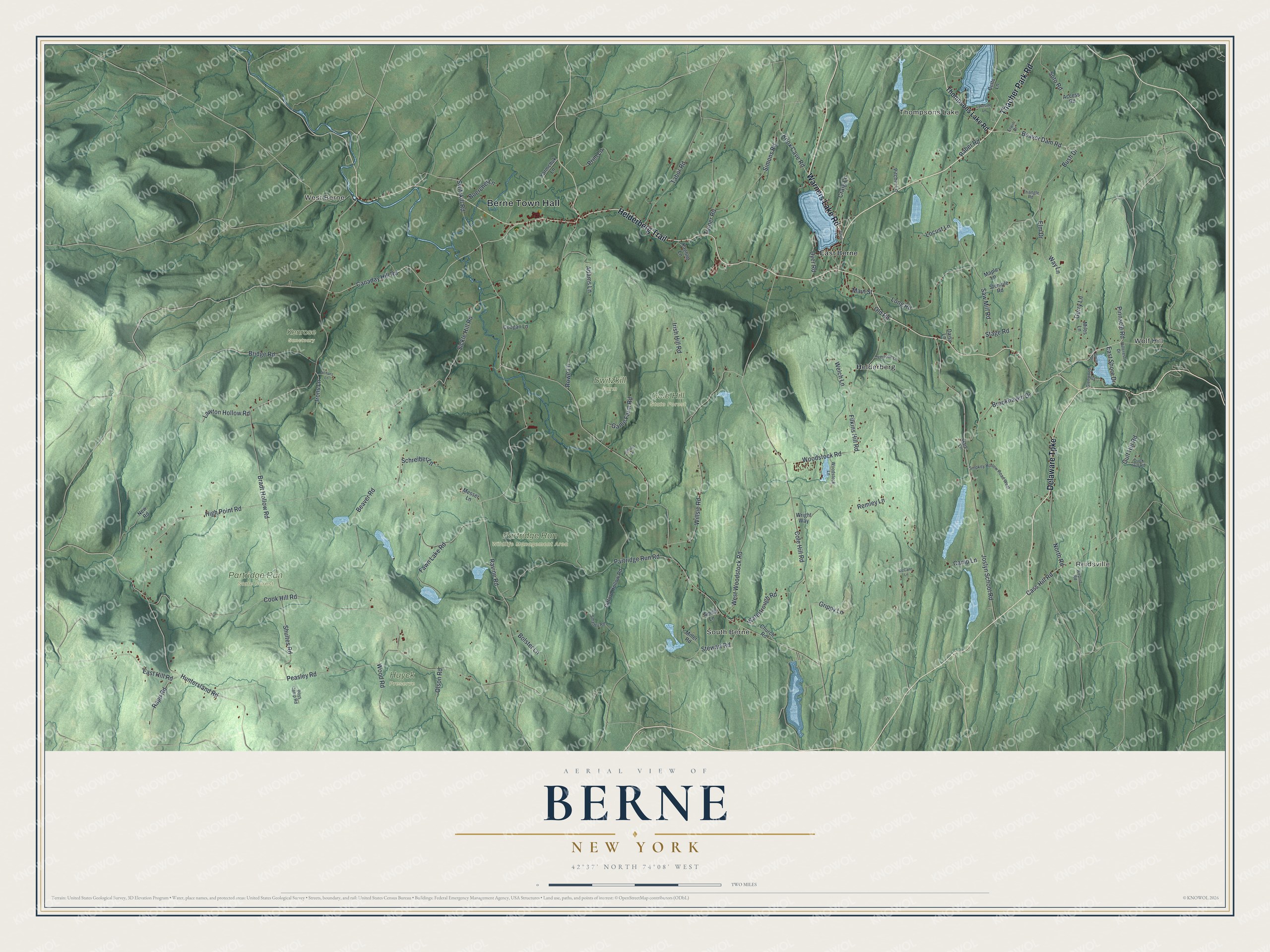 Detailed map of Berne, New York, showing streets, buildings, neighborhoods, and parks