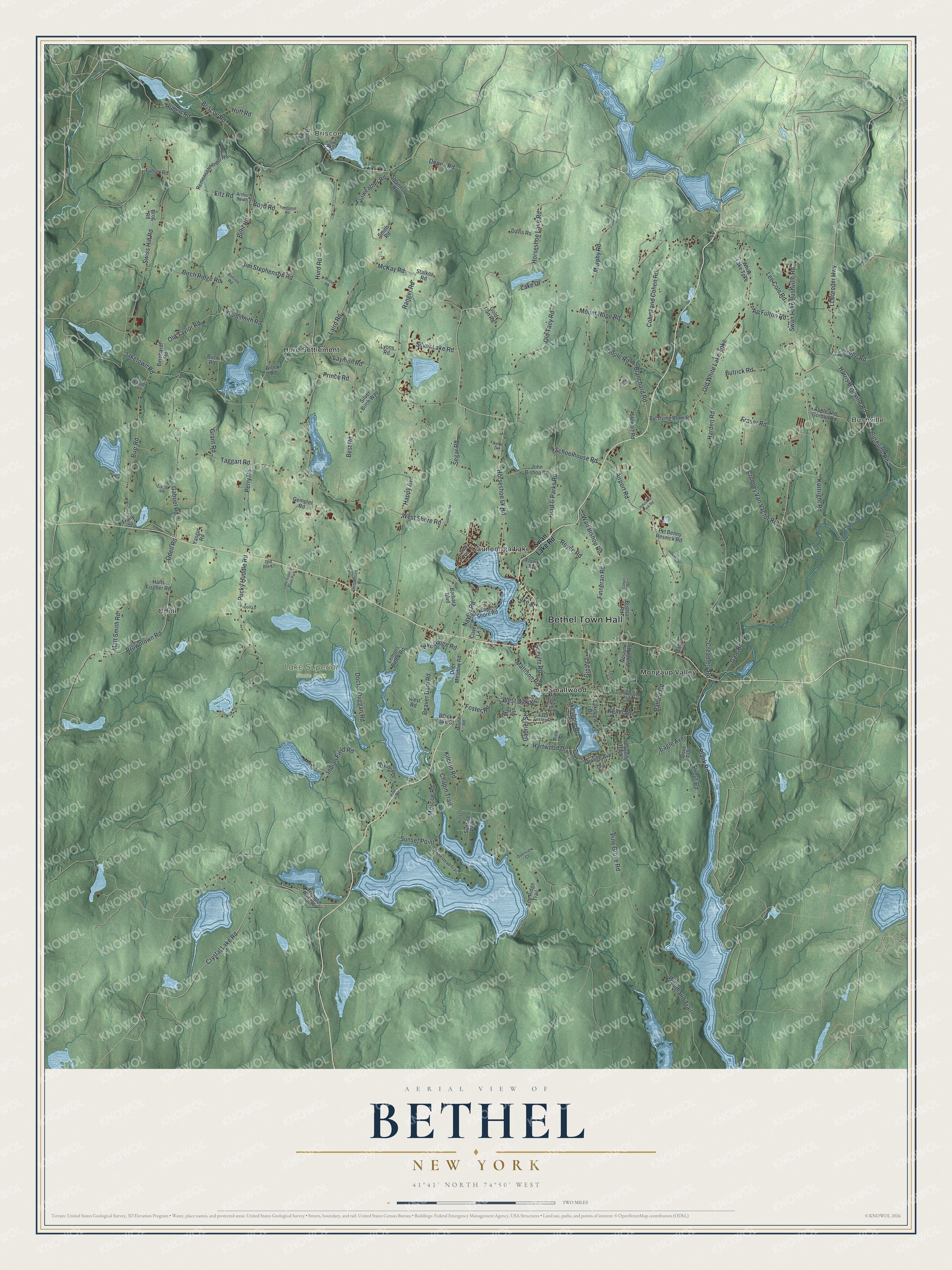 Detailed map of Bethel, New York, showing streets, buildings, neighborhoods, and parks
