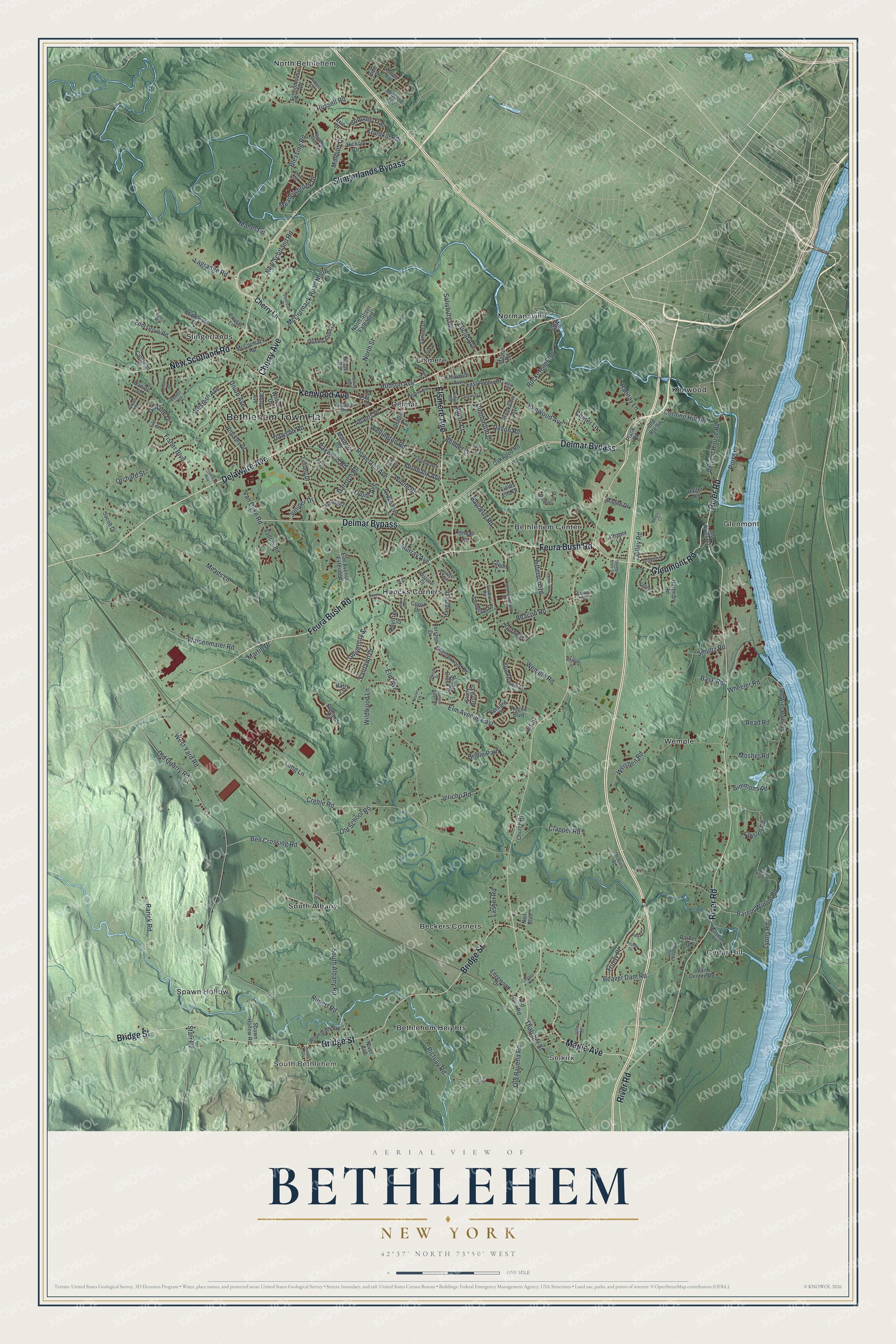 Detailed map of Bethlehem, New York, showing streets, buildings, and neighborhoods