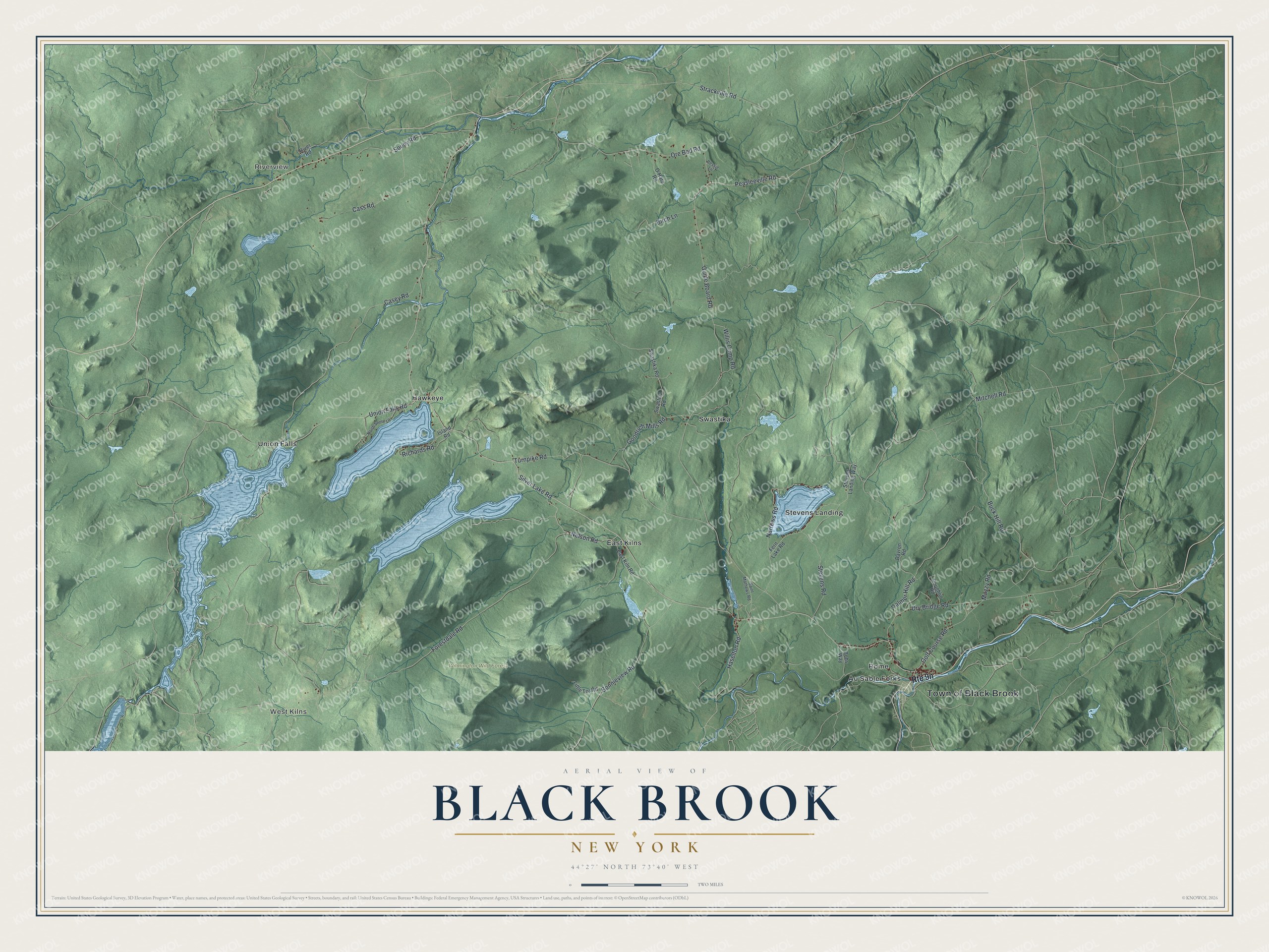 Detailed map of Black Brook, New York, showing streets, buildings, neighborhoods, and parks