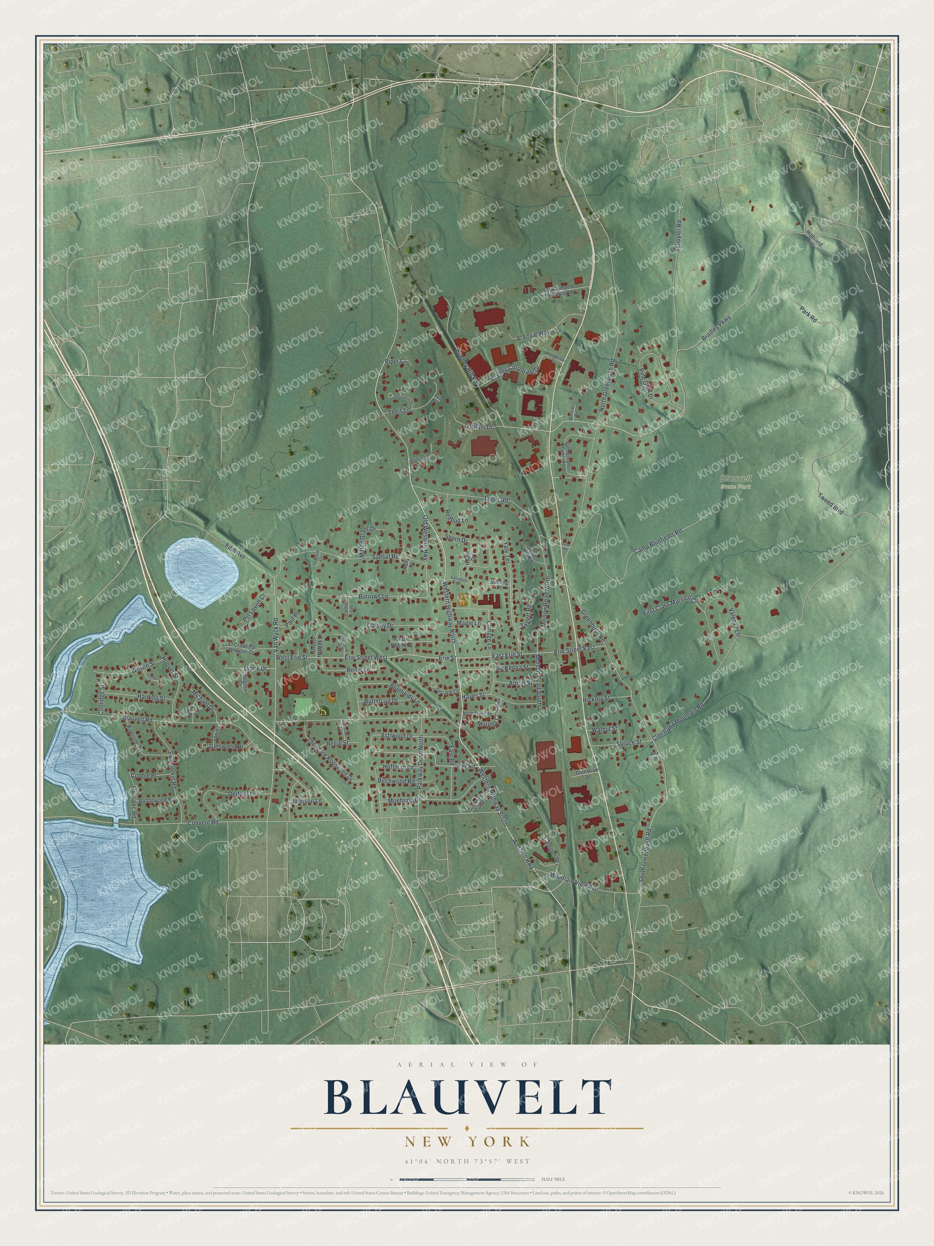 Detailed map of Blauvelt, New York, showing streets and buildings